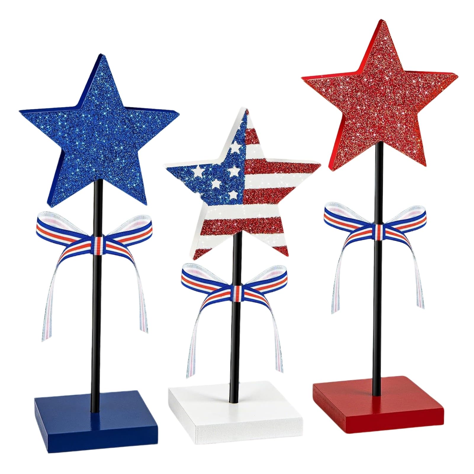 matumou 3 Pcs 4th of July Wooden Star Signs, Red White Blue Glitter Patriotic Star Table Centerpiece for Independence Day, Tiered Tray,