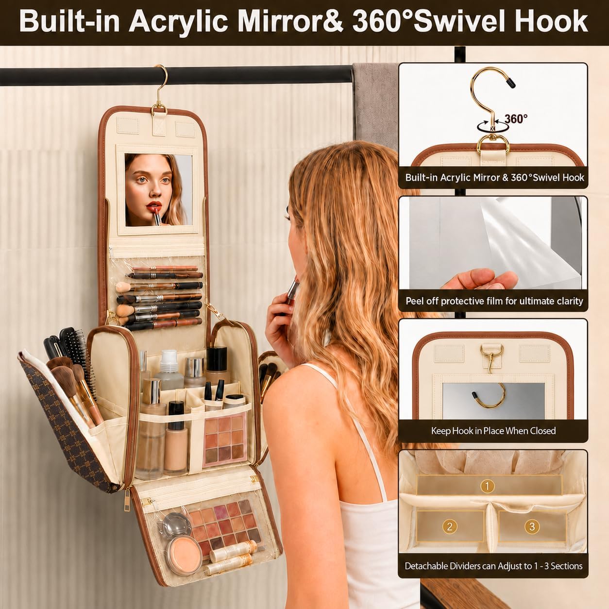 Women Travel Toiletry Bag Large Hanging Toiletry Bag with Mirror