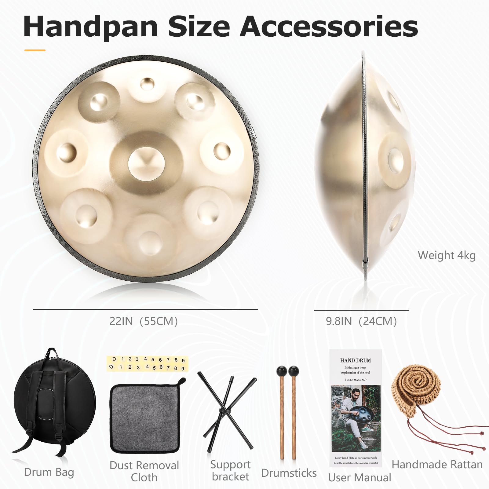 Handpan 432/440 Hz, 9/10 Töne 22 Zoll in D Moll Handpan, Steel Handpan Instrument (440Hz-9Töne-GD)