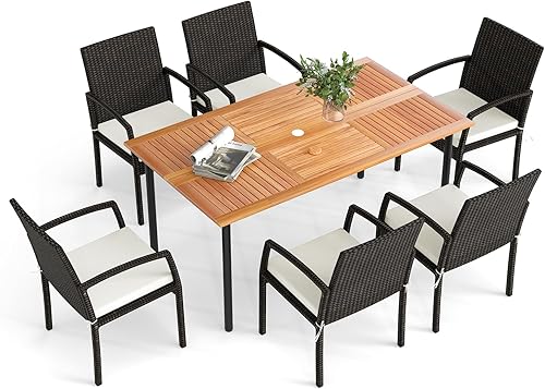 HAPPYGRILL Juego de 7 muebles de comedor de mimbre de ratán para exteriores, con agujero para paraguas, marco de acero con recubrimiento en polvo,