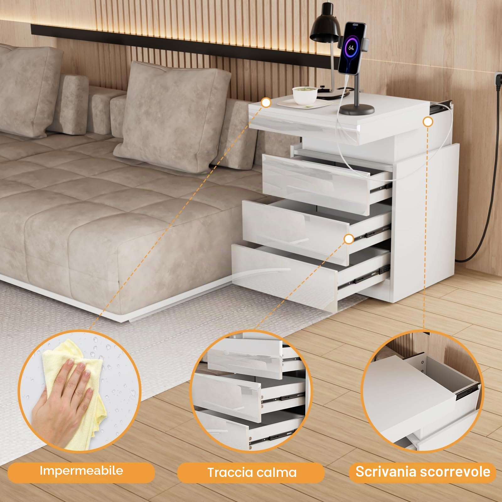 Comodino Bianco con Illuminazione LED,Comodini Camera da Letto Moderno con Presa,Comodino lucido 16 Colori Regolabile,Comodini Soggiorno, Camera da Letto con 3 Cassetti e USB,45x40x67 cm
