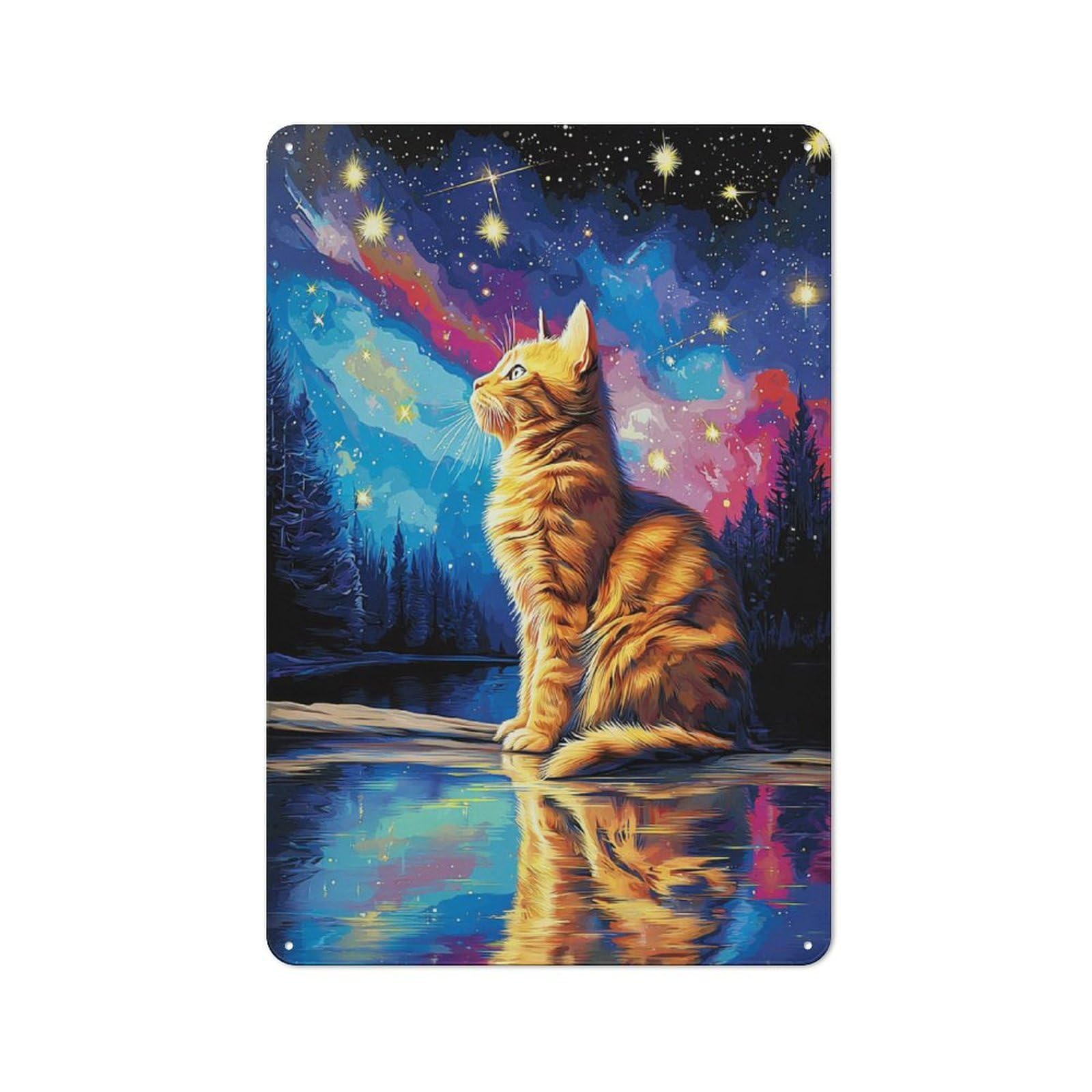 Junmoney Starry Night Cat Reflection -4 Tin Wall Plaque With Design 30X20cm, Farmhouse Rustic Kitchen Decor For Dining Room, Cafe, Entryway Or Family Room