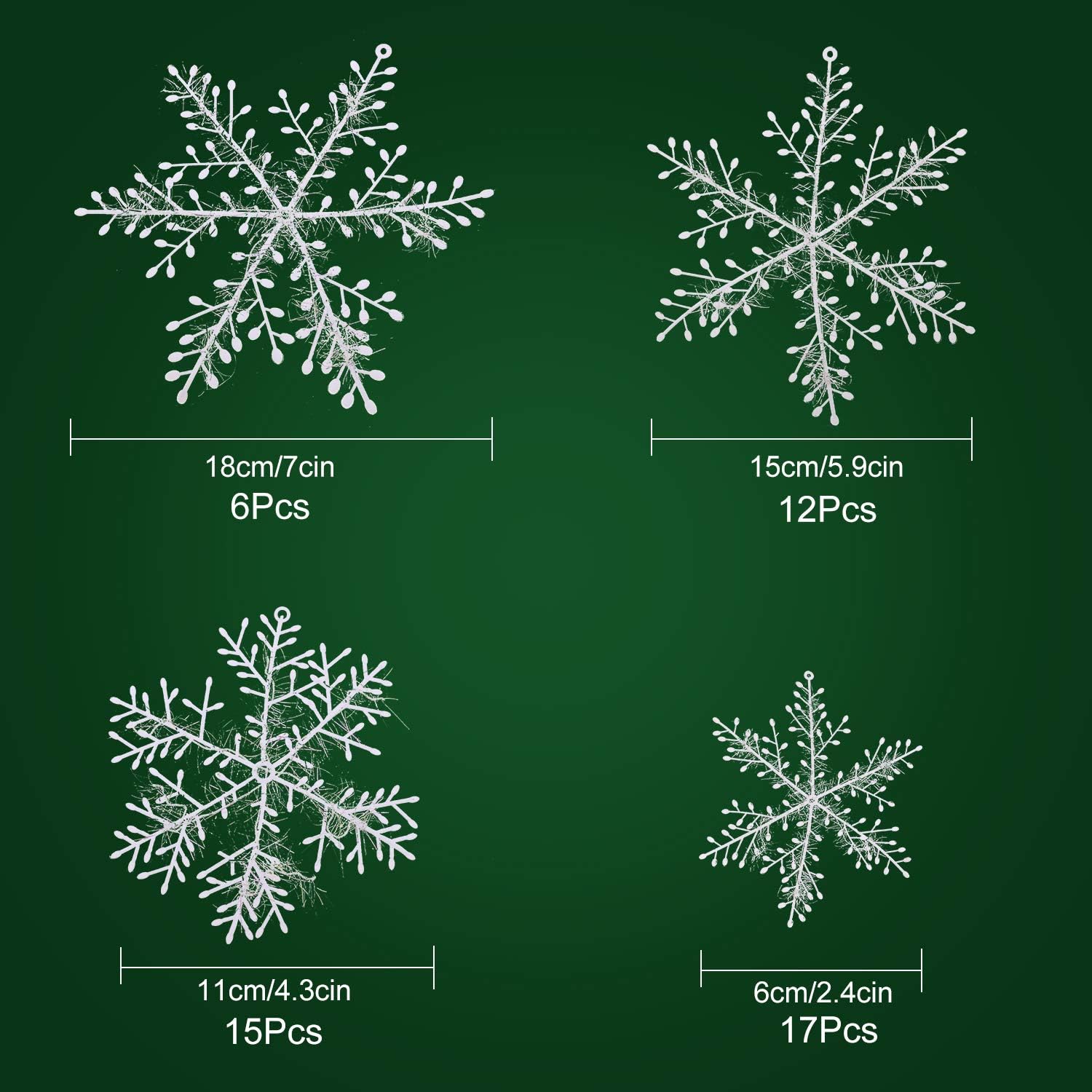 White Snowflakes Ornaments Plastic Snowflake Decoration Large Christmas Hanging Glitter Snowflke for Christmas Tree Crafts Outdoor Decor, 4 Sizes