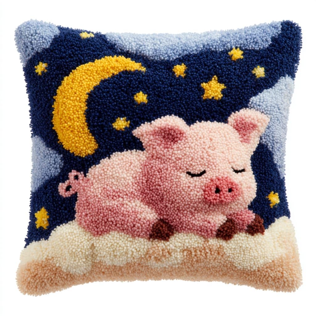 Taxpy DIY Rug Pillow Cover Latch Hook Cushion Kits, Animals, Pigs, and the Moon Needlework Pillow Cover Sofa Cushion Rug Making Kits,17x17inch