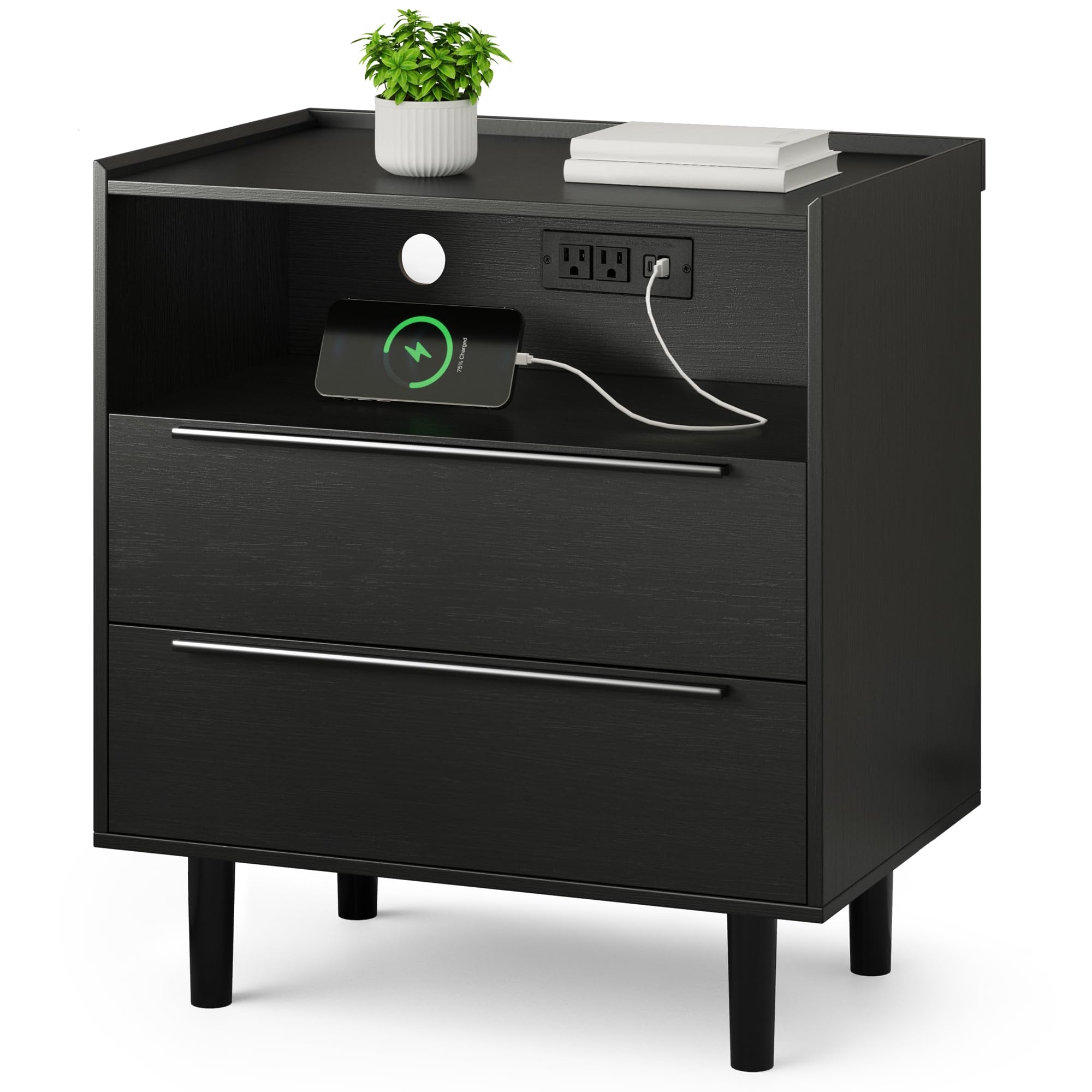 26" Tall Black Nightstand with Charging Station, 2 Drawer Contemporary Modern Bedside Table with Tray Top, USB Ports, Outlets & Open Shelf for Bedroom