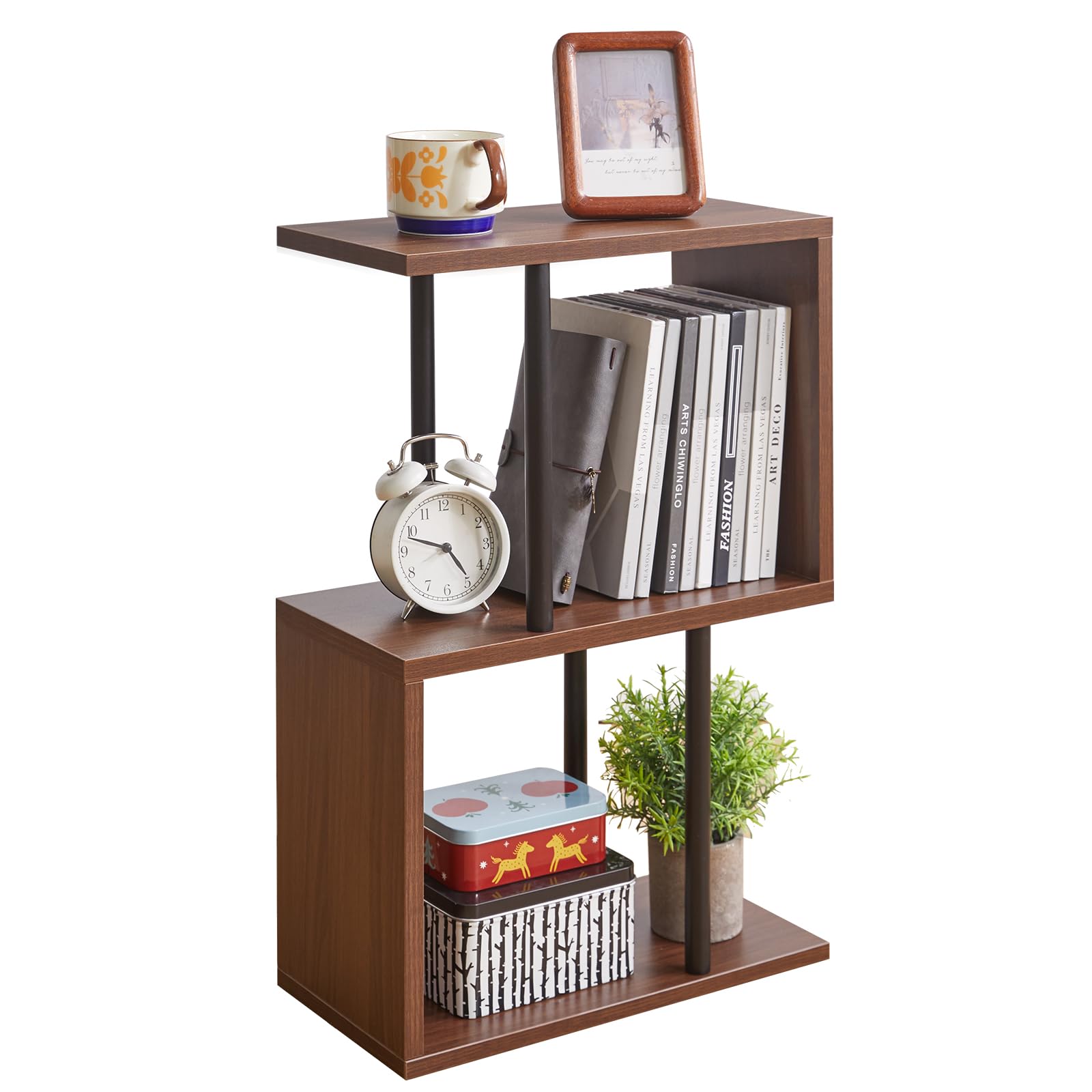 Aibiju S-Shaped Side Table, 3-Tier End Table with Open Storage Shelves, Non-Slip Feet, Modern Style Nightstand, Narrow Side Table for Small Space Living Room Bedroom Light Walnut YD-ST003LW
