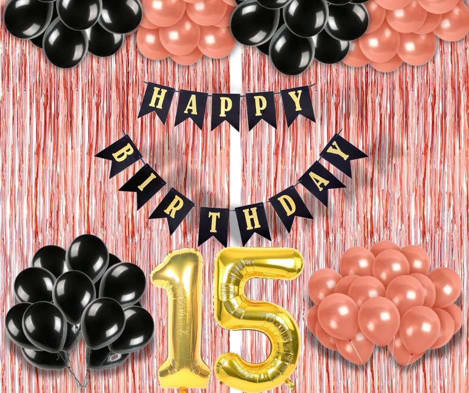 Image of 15th Birthday Decoration items for Girls with Black and Rose Gold Balloons, Black Happy Birthday Banner, Rose Gold Foil Curtain, Foil Balloon number 15