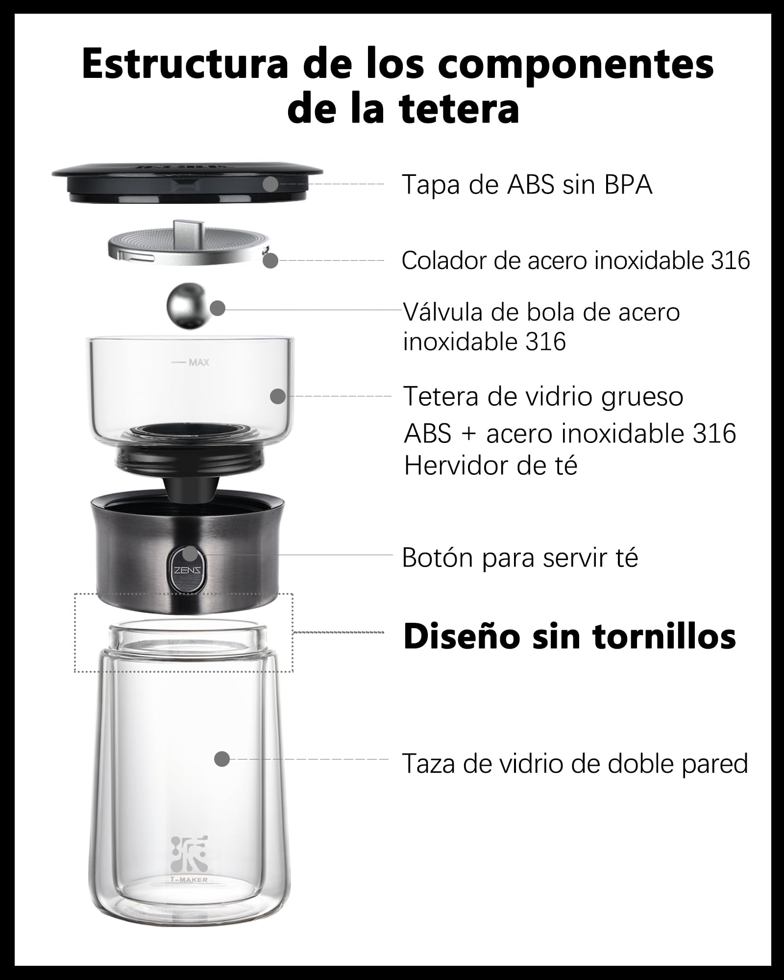 ZENS Tetera de cristal con Infusor, mágico con un solo toque drain tetera para té en,teapots con filtro con taza de doble pared y Negro estuche portátil para los amantes del té.