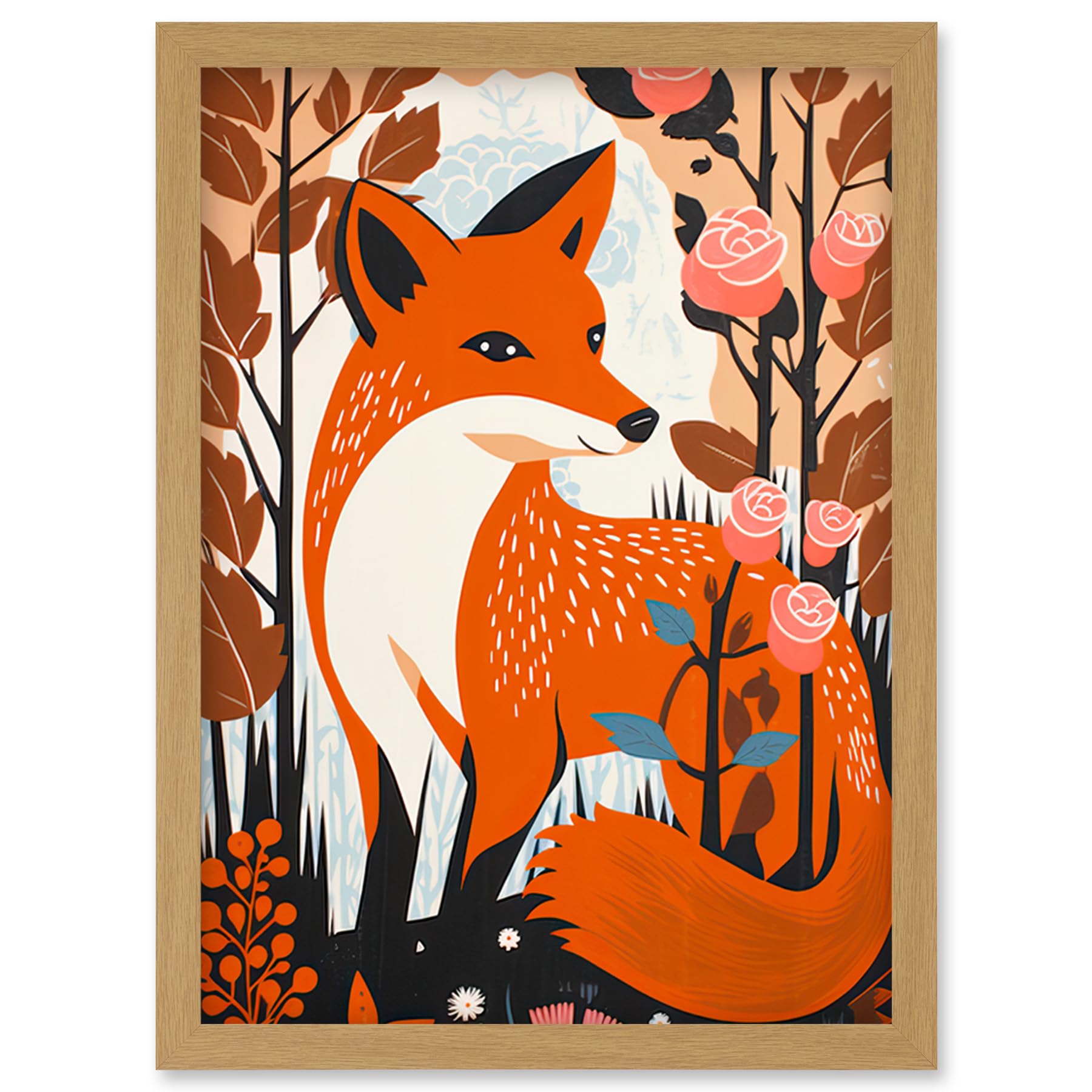 Artery8 The Fox and Rose Bush Pastel Colour Autumn Forest Landscape Flowers Artwork Framed Wall Art Print A4