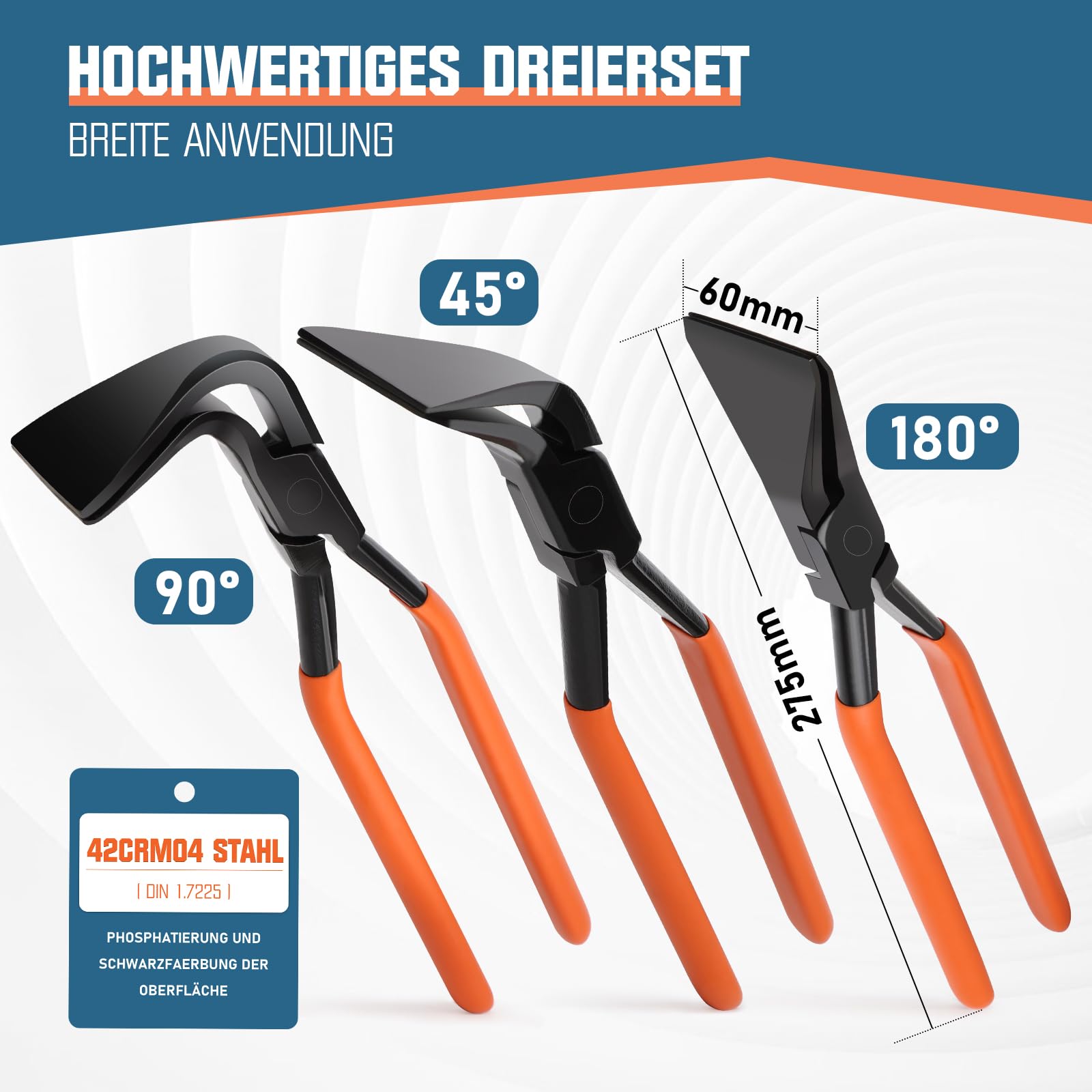 Set di 3 pinze pieghevoli con scatola 42CrMo4 in acciaio | 45°, 90°, 180°, L-280 mm, HRC 45, pinze pieghevoli, pinza per lamiera, set di pinze idrauliche per il fai da te