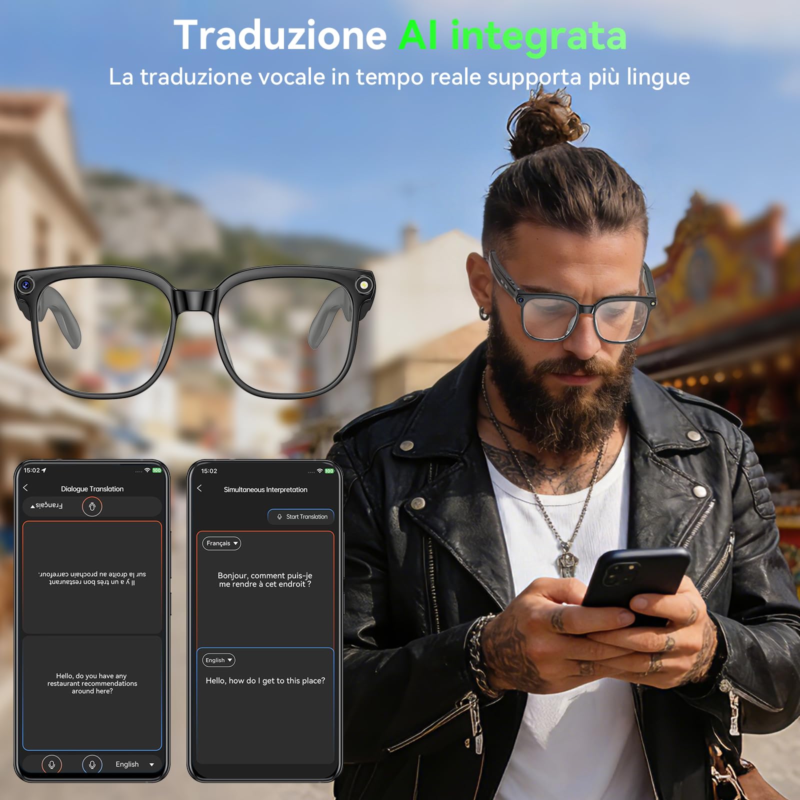 Occhiali Smart con Fotocamera 8MP,Smart Glasses AI,Occhiali Intelligenti con Fotografia/Registrazione/Chiamate Intelligenti/Musicale/Traduzione/Riconoscimento Immagini, Blu