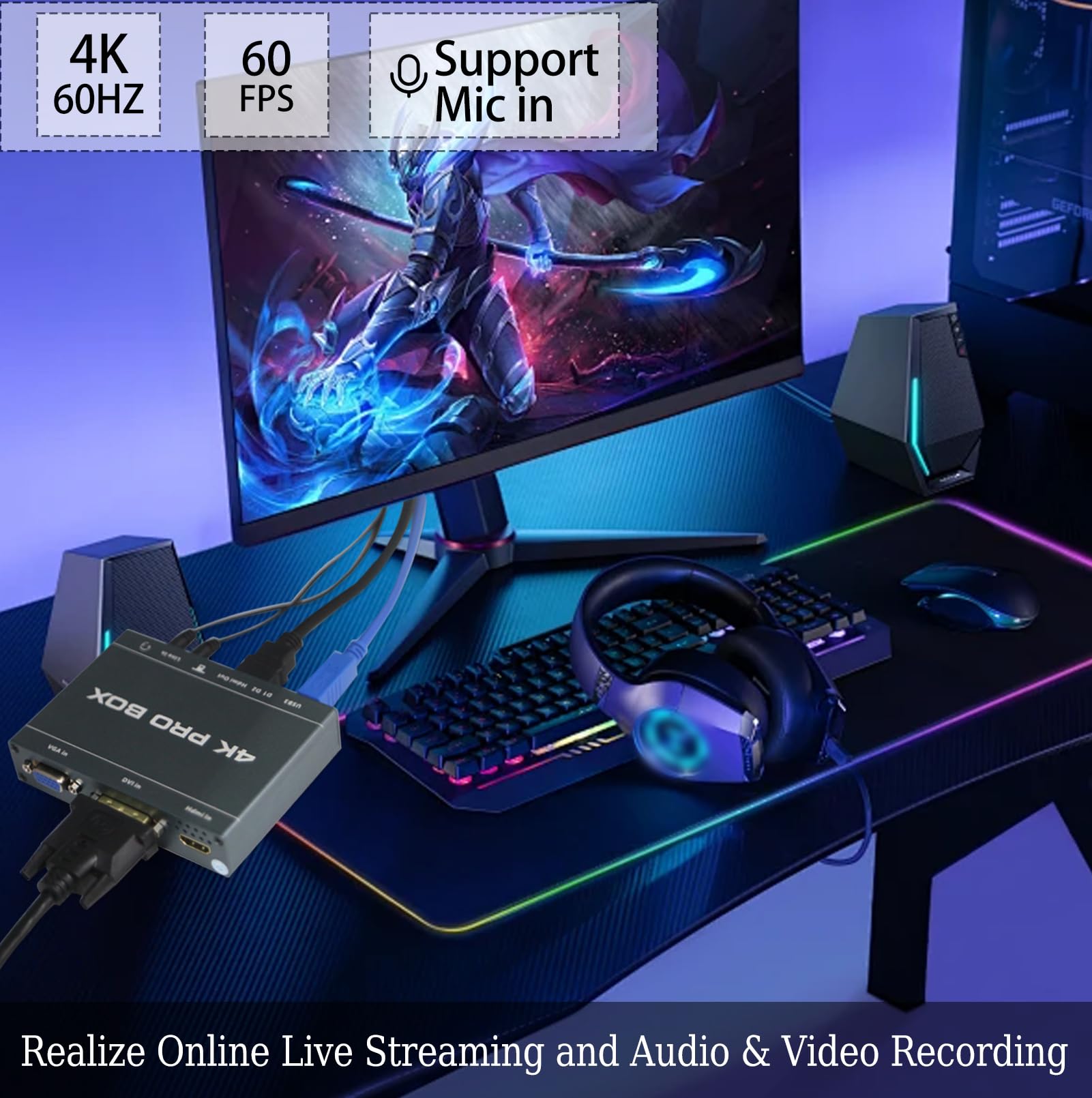 4K Full HD Capture Card,Audio Video HDMI Game Capture,USB 3.0 to HDMI DVI-VGA Video Graphics Card Adapter,Compatible with Windows, Linux, Android and MAC System | UVC UAC-Standard