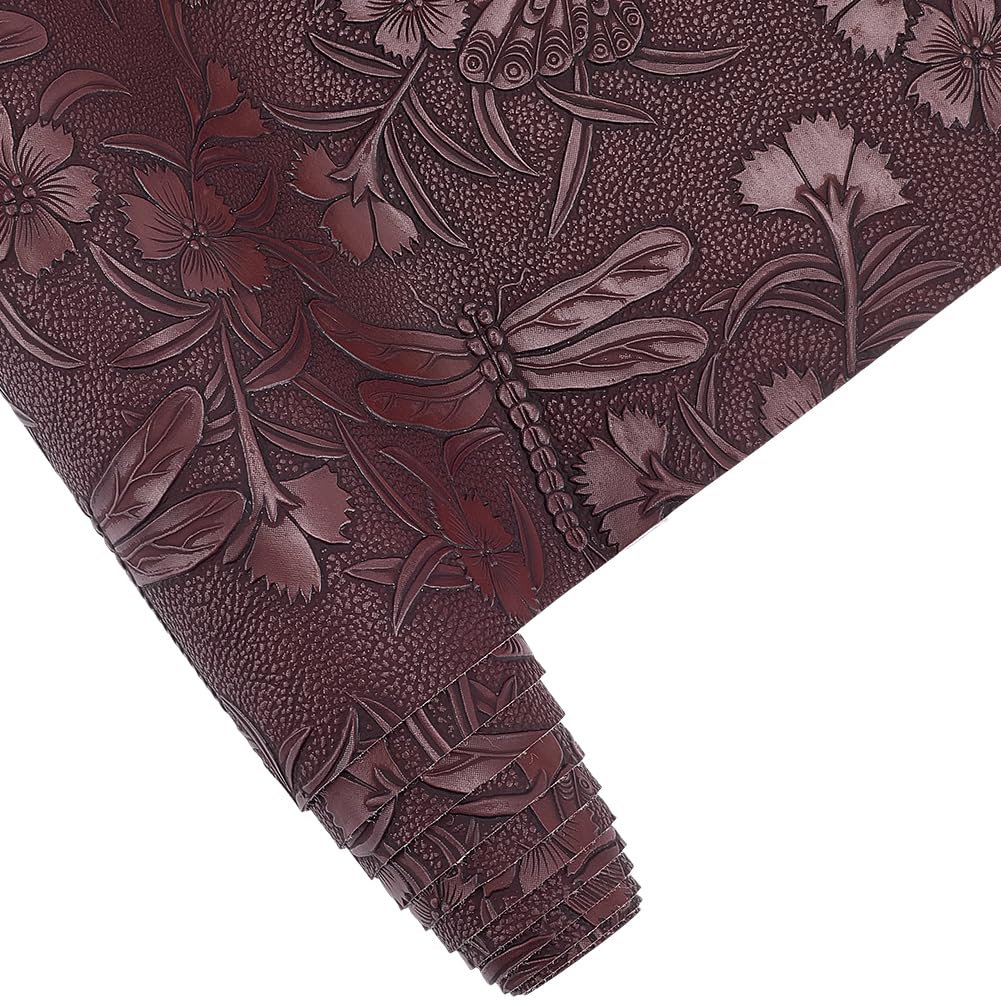 CALFOVERA 137 x 30cm Floral Textured Retro Synthetic Sewing Upholstery Fabric PU Leather Sheet Vintage Leather Flower Embossed Rolls for Earrings Handbags DIY Crafts Handmade Making(Dark Brown)