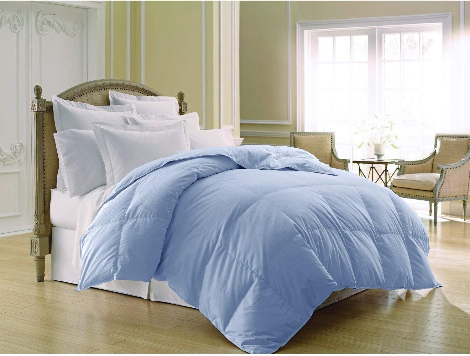 Aeolus Down Dobby Stripe Duck Down Comforter, Full/Queen, 400 Thread Count, Light Blue