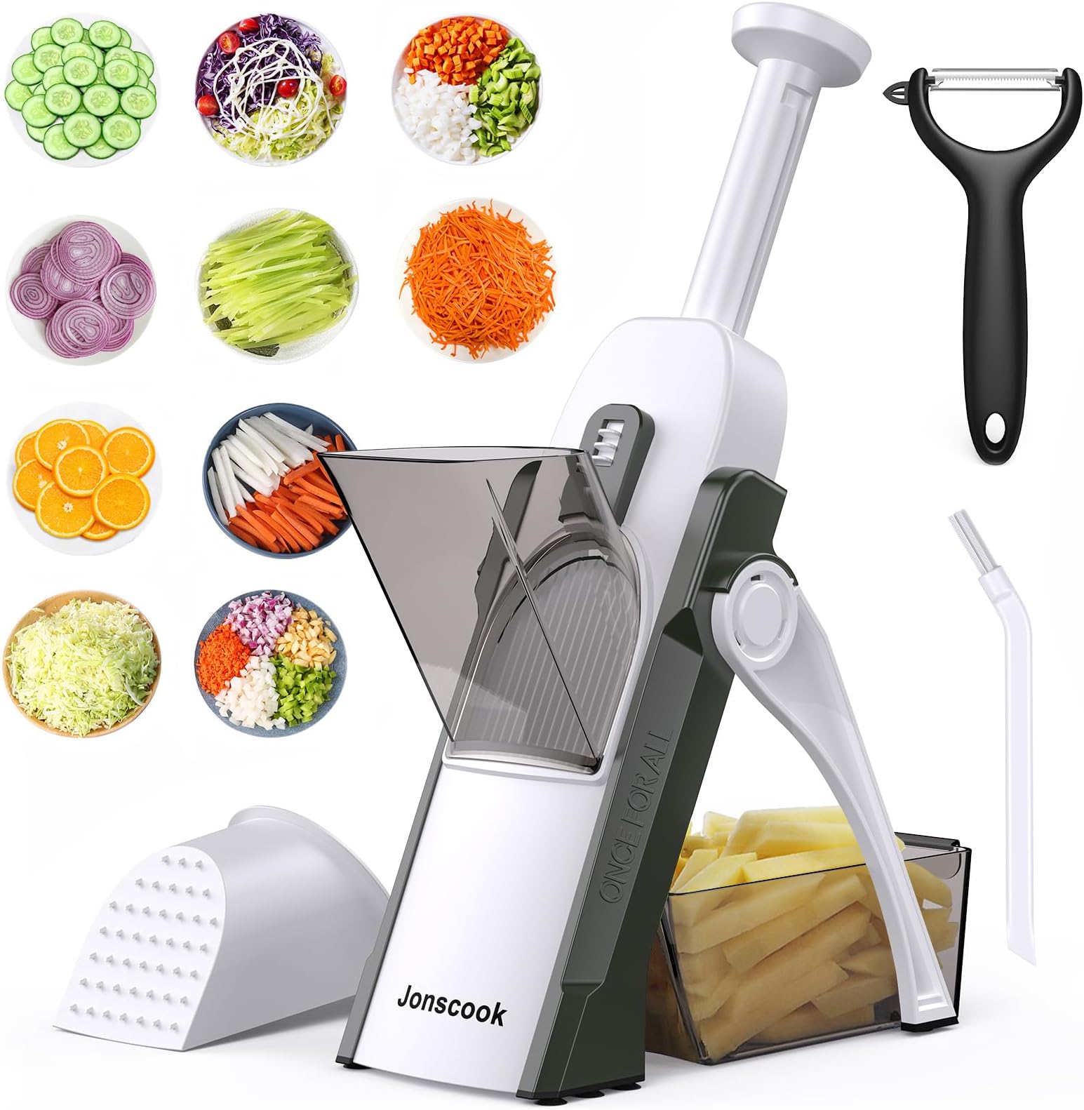 Safe Mandoline Slicer for Kitchen, Adjustable Thickness 0.1-8 mm, 5 in 1 Multi Vegetable Chopper, Potato Slicer, Food Chopper French Fry Cutte, with Paring Knife/Cleaning Brush, Mandolin (GreenBlack)