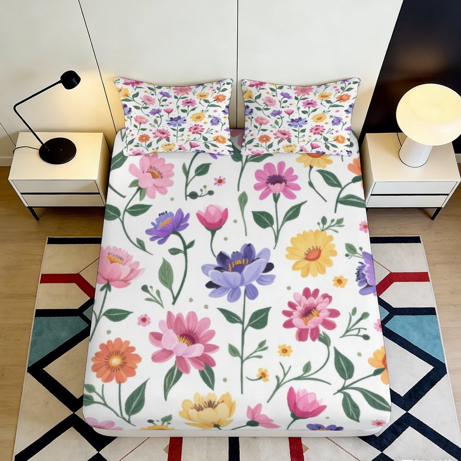3D Printed Colorful Floral Fitted Sheet Microfiber Soft Washable Wildflower Bed Cover for Bedroom Guest Room Mattress Decor 90x200x25cm
