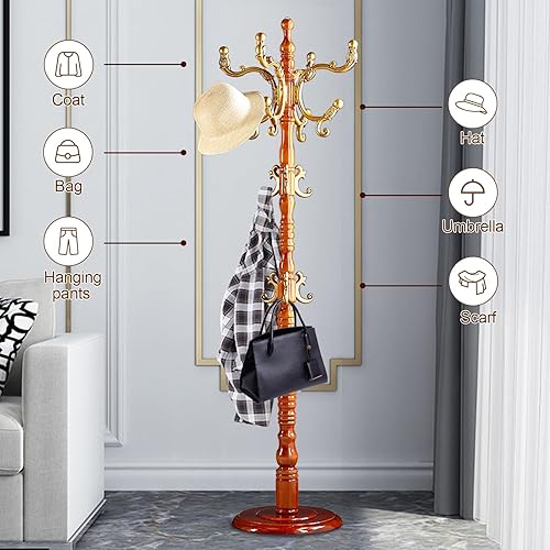 Miniatura 3 de Perchero de madera independiente con 14 ganchos, perchero con base de madera maciza, fácil montaje para pasillo, entrada, dormitorio, oficina, para