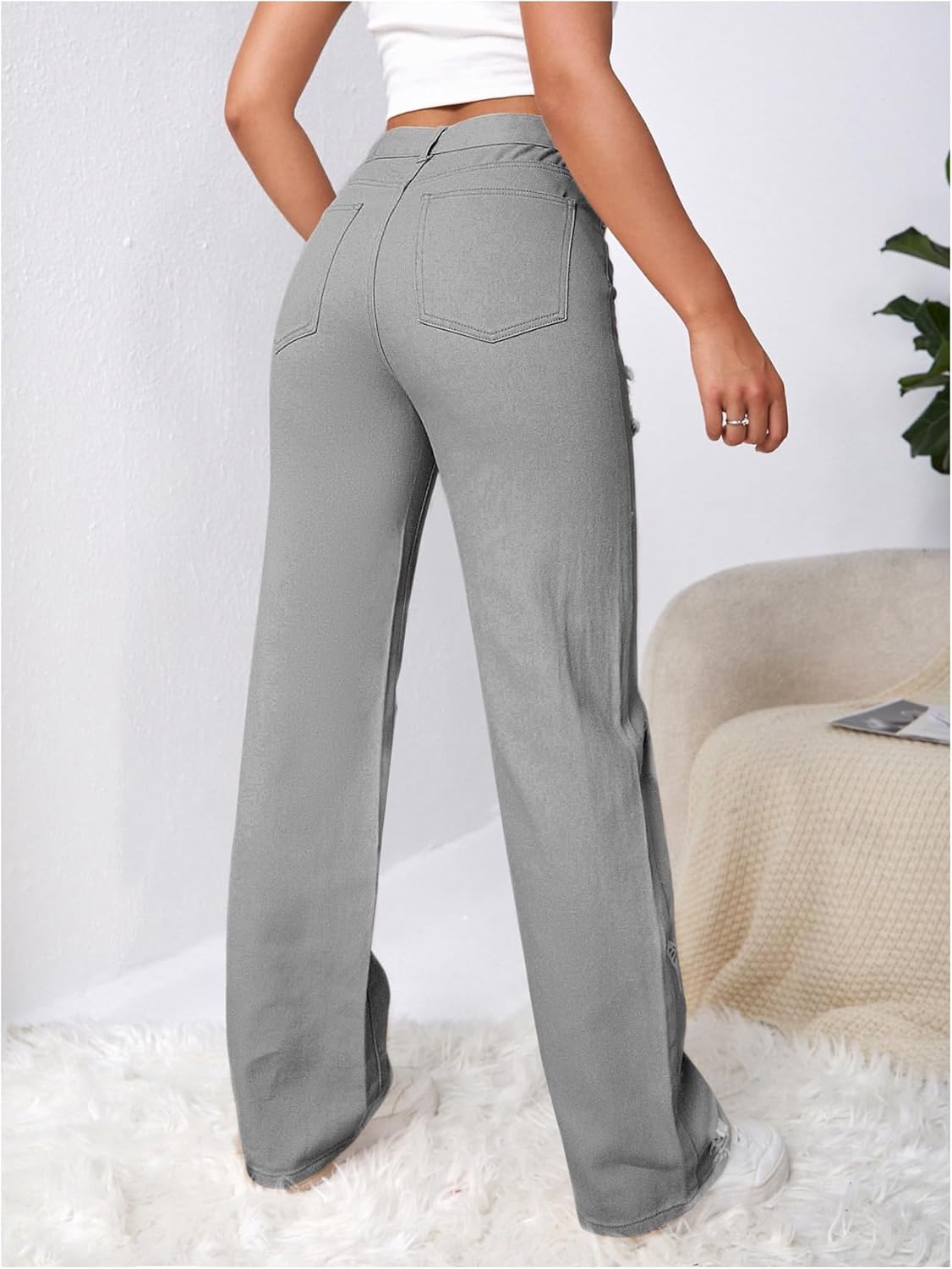 Floerns Women's Ripped High Waisted Butterfly Print Jeans Wide Leg Long Denim Pants - Image 3