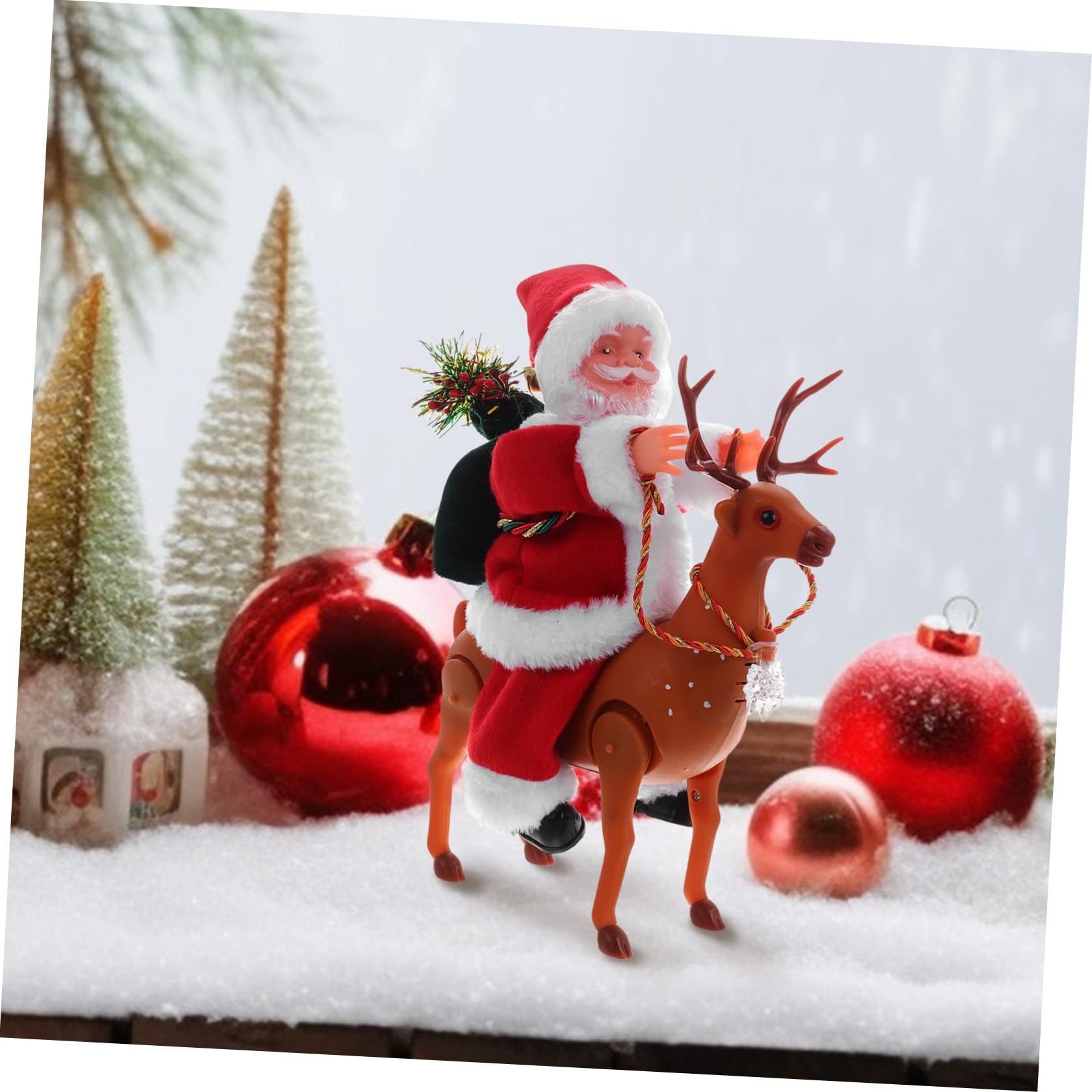 Giocattolo di Natale Babbo Natale che Cavalca Renna Funzione Musicale in Plastica Elegante Alimentato a Batteria Decorazione Natalizia