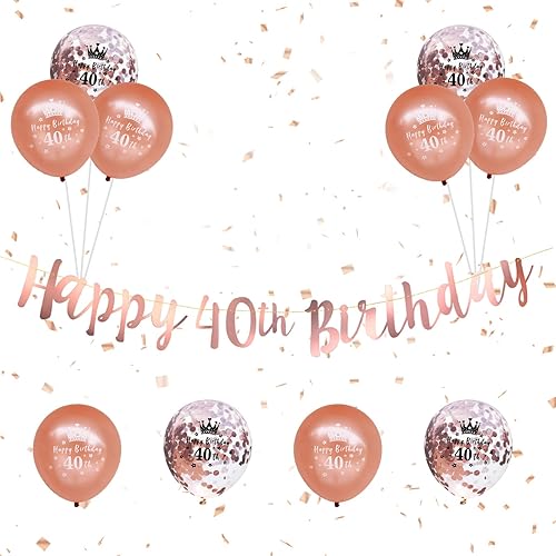 Kit de decoración de cumpleaños número 40, 12 piezas de decoraciones de fiesta de cumpleaños de oro rosa con banderines de feliz cumpleaños 40,