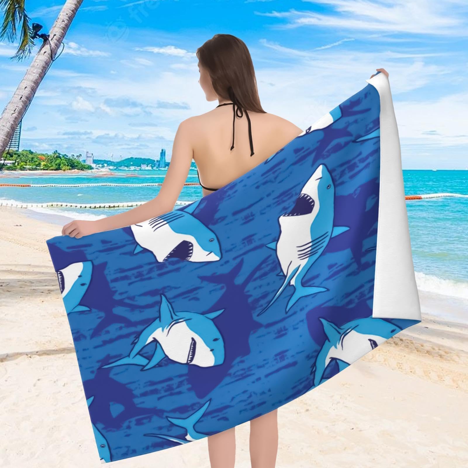 Toalla de playa de microfibra, grande, ligera, con patrón de tiburón, de secado rápido, para natación, gimnasio, viajes, piscina, yoga, deportes, baño, crucero, vacaciones, arena, mochila