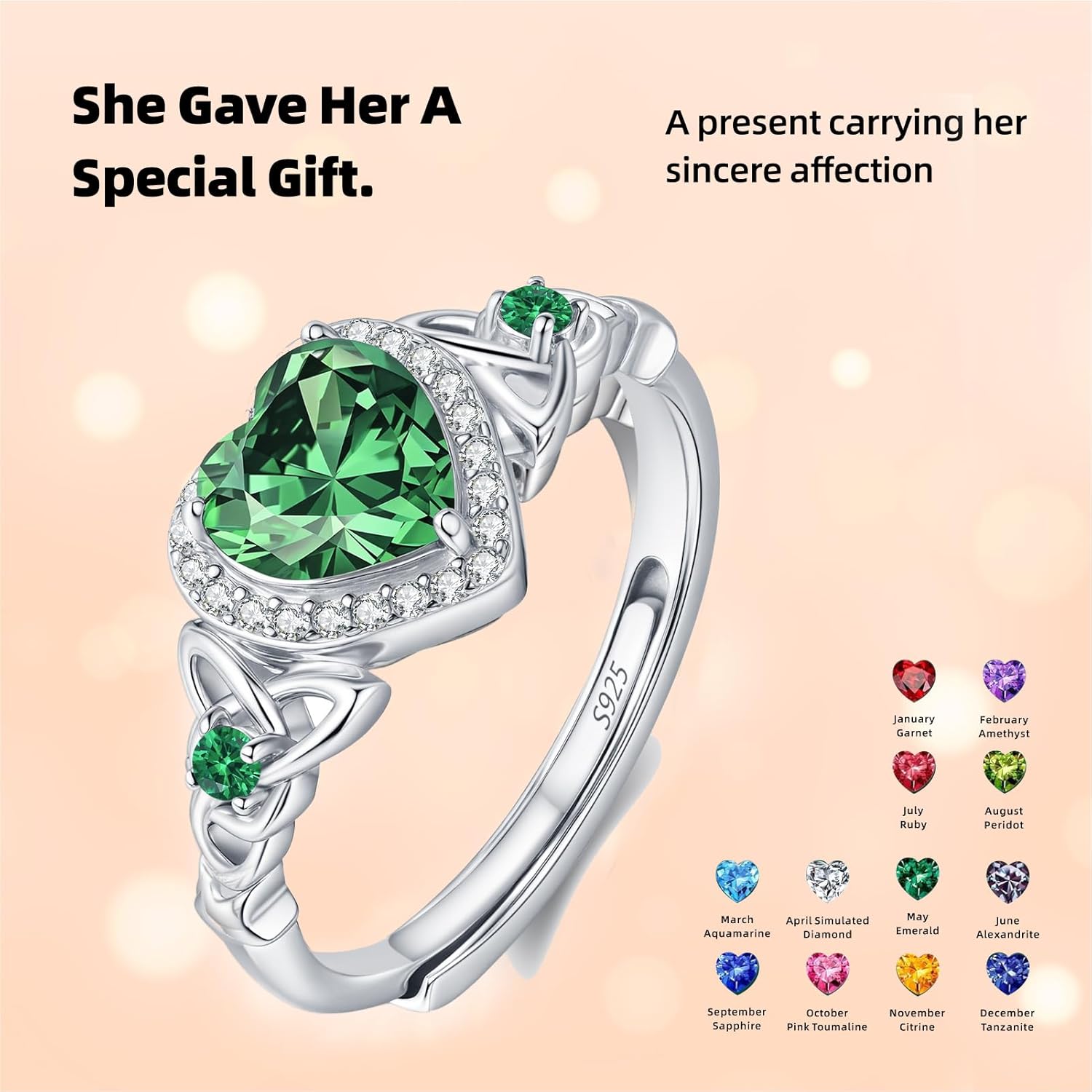 Celtic Sterling Silver Birthstone Ring for Women, Adjustable Size Trinity Knot Heart Design 925 Silver January Garnet Ring, Meaningful Birthday Gift for Girlfriend, Wife, Mom - Image 2