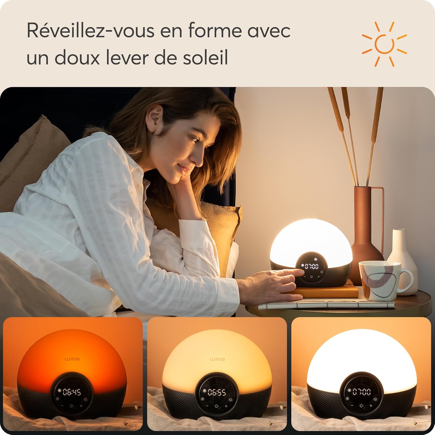 Woman waking up with the Lumie Bodyclock Glow 150, showing the progression of light from dim orange to bright white
