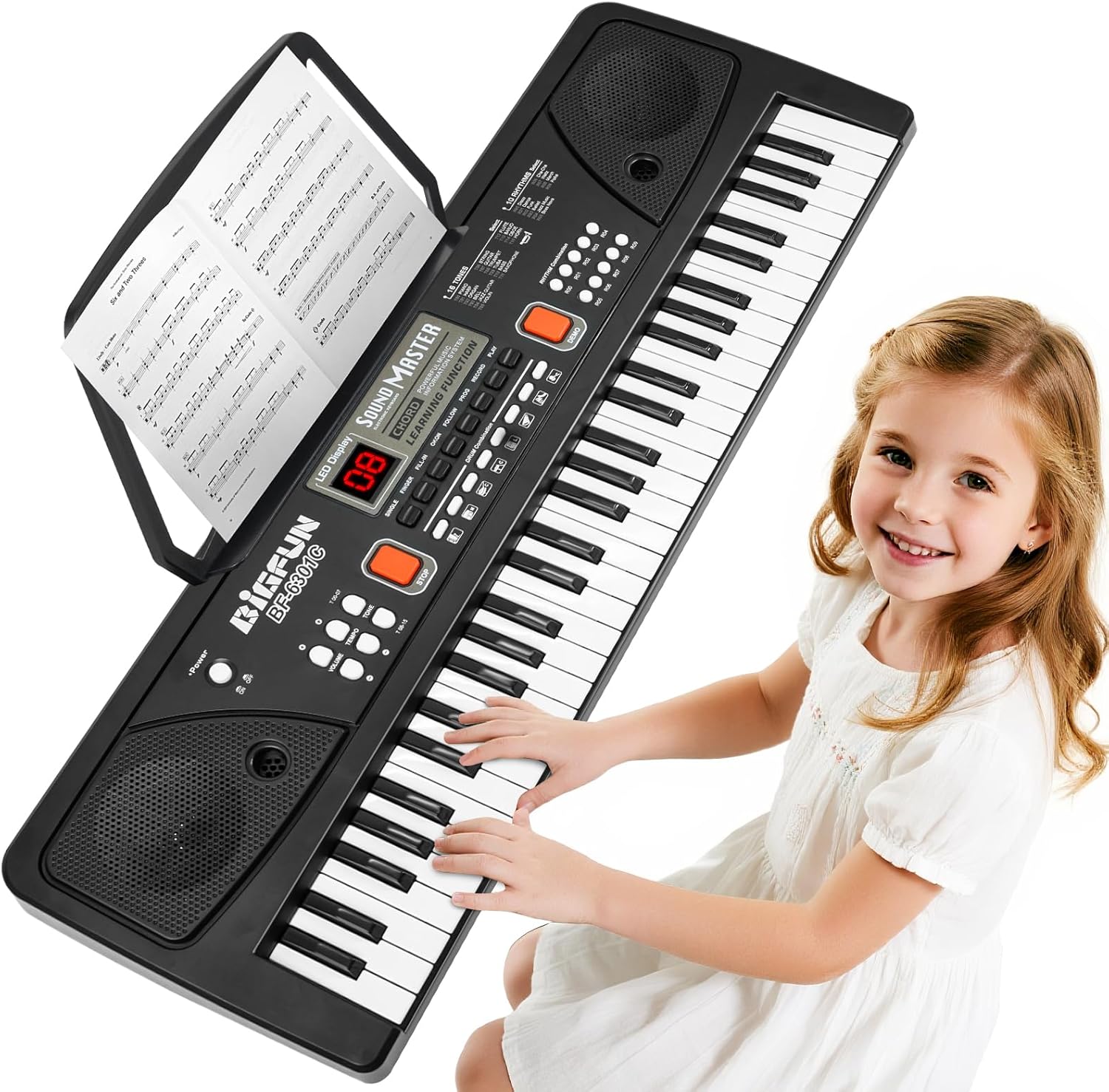 61-Key Kids Piano Keyboard for Beginners - Rechargeable Electronic Music Toy Piano with Music Stand Microphone LED Display AUX in - Birthday for 3-9 Year Old Boys Girls (Black)