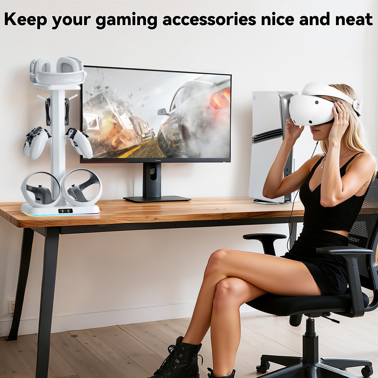 Kosker Base di Ricarica PSVR2, 9 Modalità RGB Supporto per Occhiali VR2 con Caricatore PS VR2 Magnetico, Supporto di Carica PSVR2 con Supporto per Controller e Cavi, Accessori PlayStation VR2