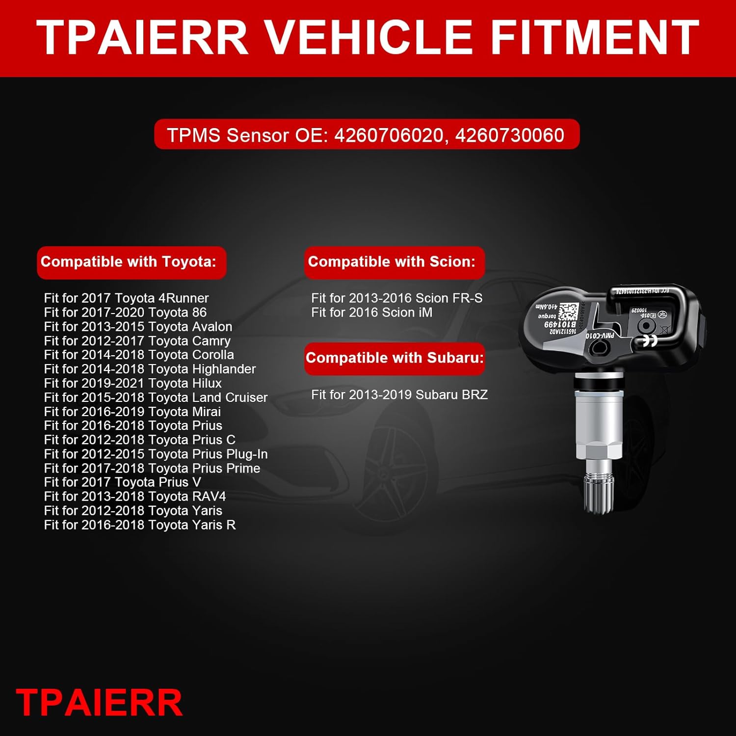 4Pcs TPMS Sensor, 315Mhz OE 4260706020 4260730060 Pre-Programmed Tire Pressure Monitoring System Compatible with Toyota/Camry/Corolla RAV4/Highlander/Avalon/Yaris/Land/Cruiser Set of 4