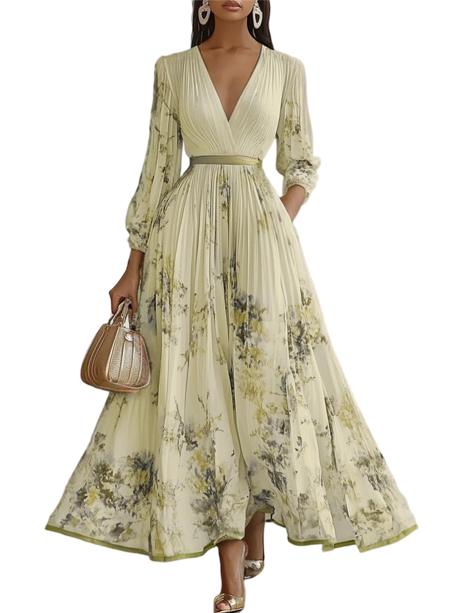 Cream Women's Floral Pleated Maxi Dress V Neck Long Sleeve A Line for