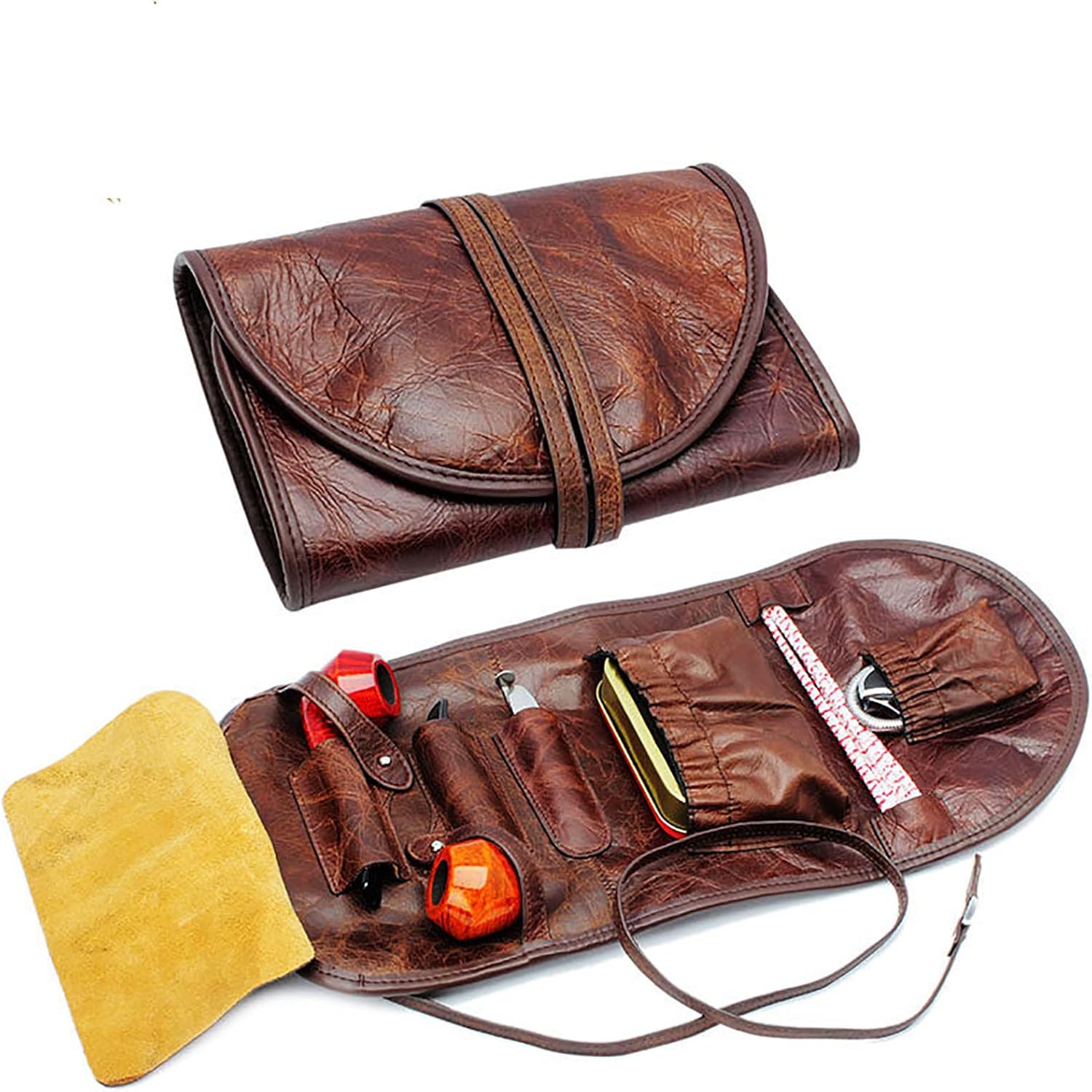 Genuine Leather Pipe Tobacco Pouch Case Portable Large Capacity Cowhide Smoking Accessories Bag for Travel, Gift Idea to Father, Elder