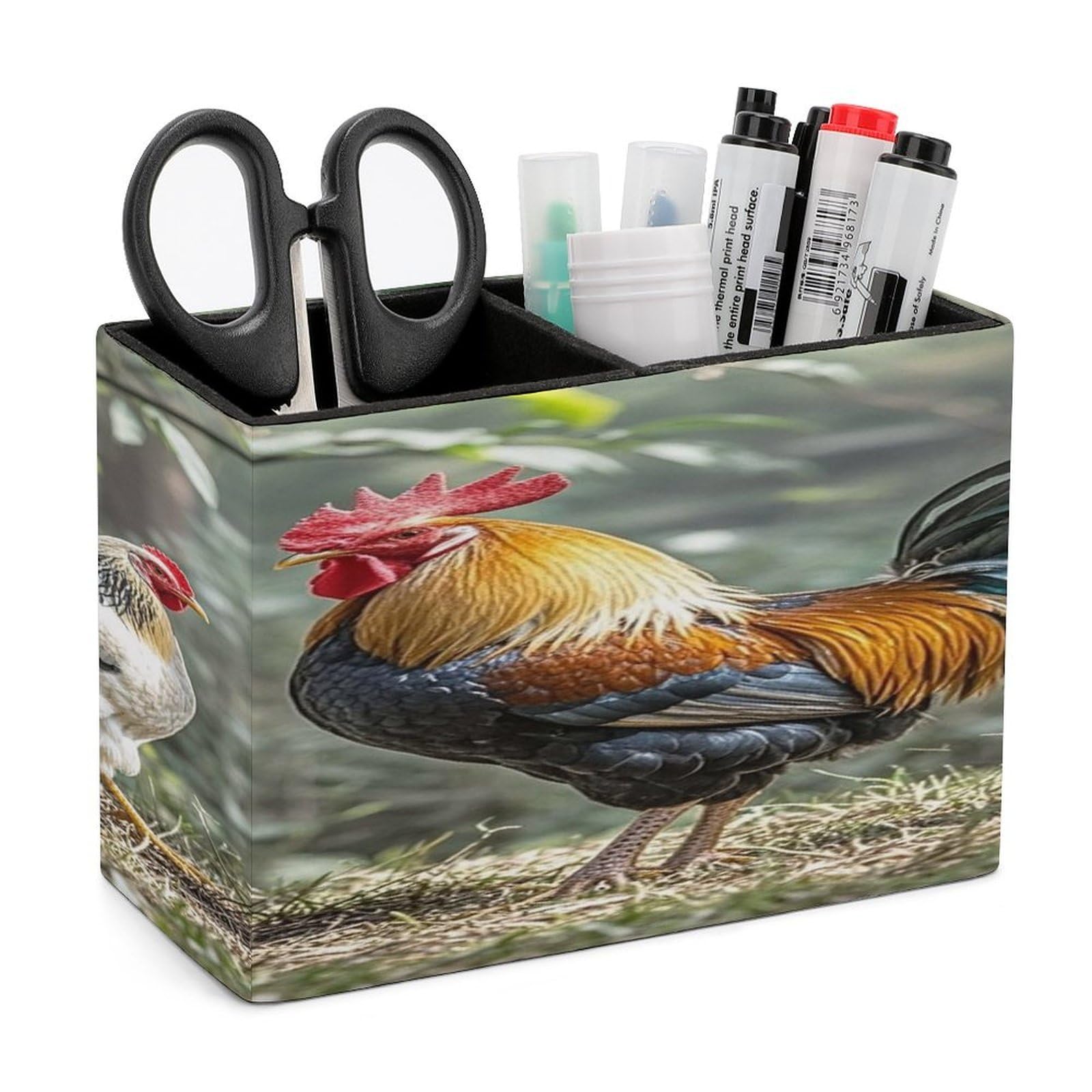 LZQPOEAS Rooster And Hen Leather Pen Holder with 2 Compartments Luxury Pencil Holder Minimalist Pencil Cup Brush Scissor Holders Elegant Pen Cup for Office Home Desk Accessories