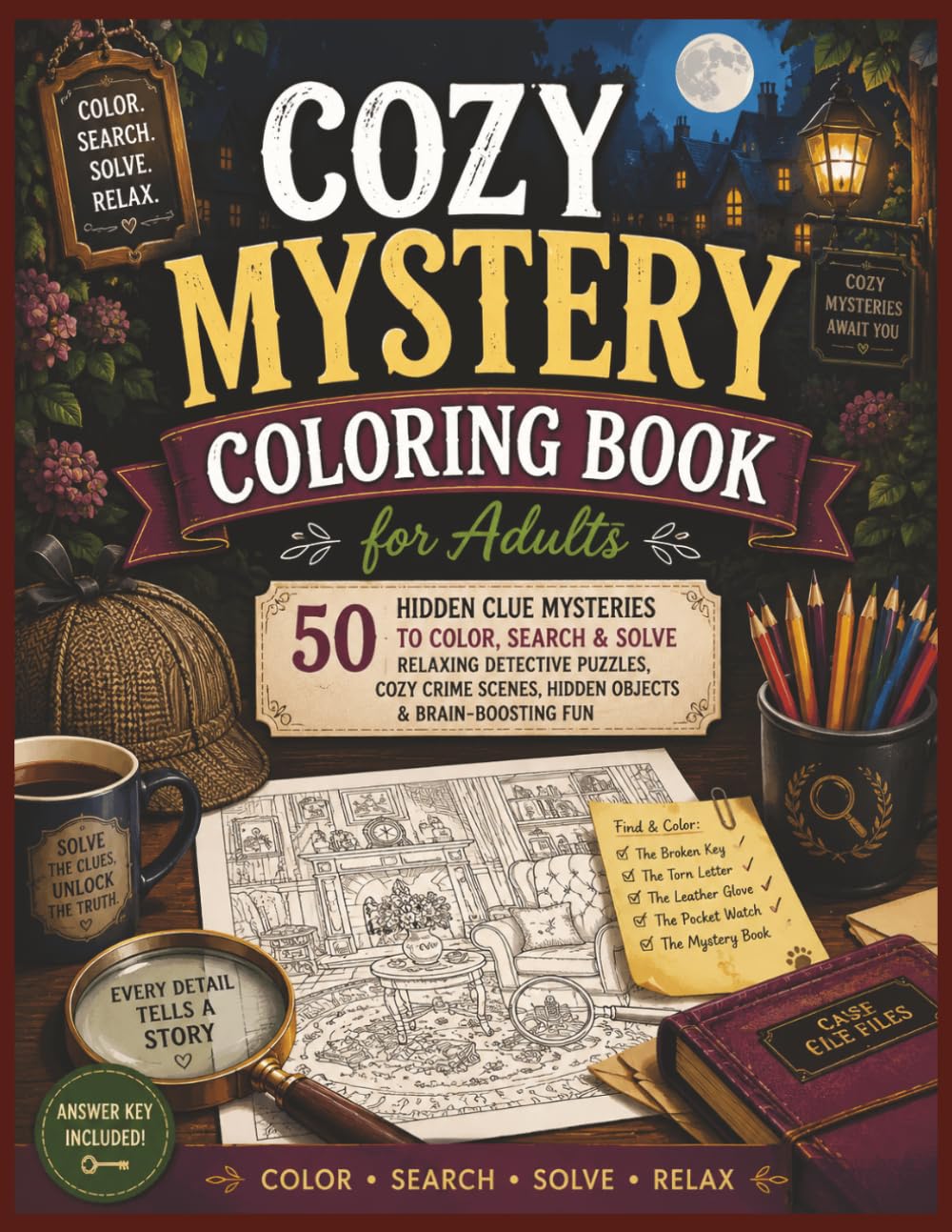 Cozy Mystery Coloring Book for Adults: 50 Hidden Clue Mysteries to Color, Search & Solve | Relaxing Detective Puzzles, Cozy Crime Scenes, Hidden Objects & Brain-Boosting Fun