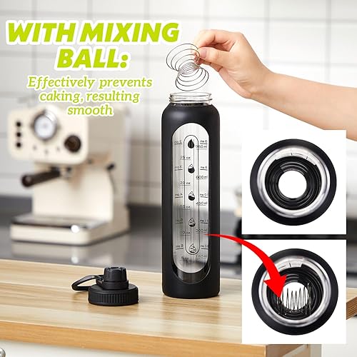 Miniatura 3 de LemonRoad 2 botellas de vidrio mezclador de proteínas de 34 onzas  1 l con 2 bolas de acero inoxidable, juego de tazas mezcladoras de proteínas