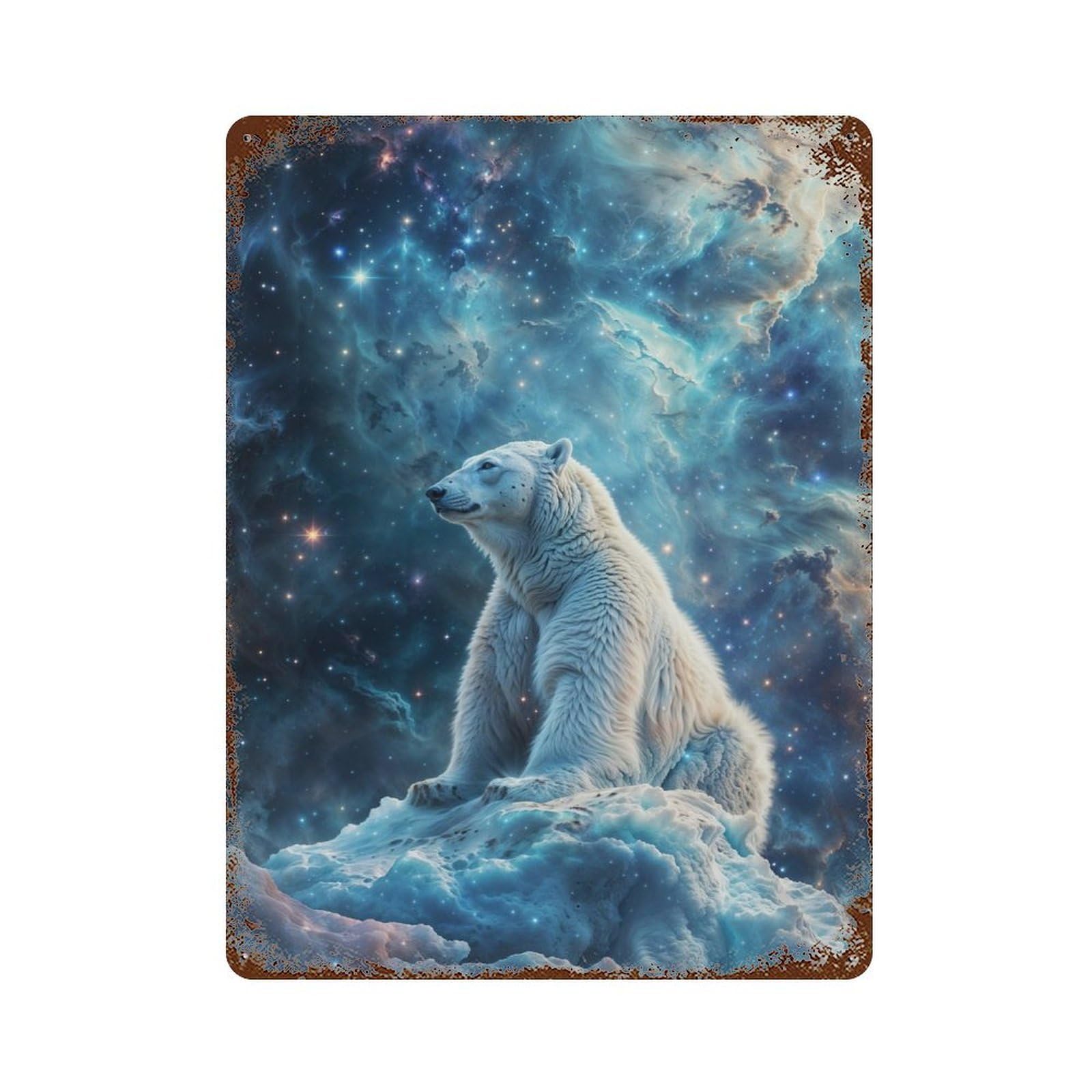 Cosmic Nebula Polar Bear Rust Effect Tin Sign 15.7"x11.8", Ideal for Garage, Bar And Workshop Decor
