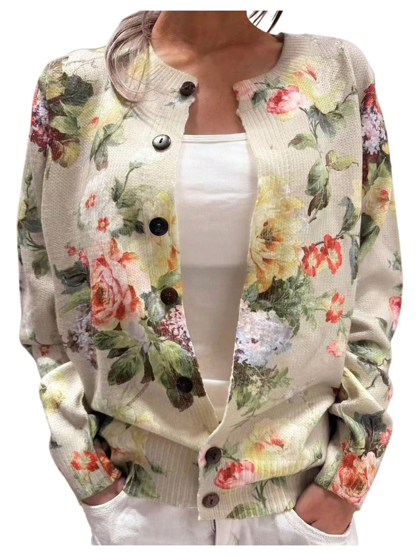 GORGLITTER Womens Flower Cardigan Sweaters Fashion Trendy Floral Print Button Up Long Sleeve Vintage Boho Cardigan