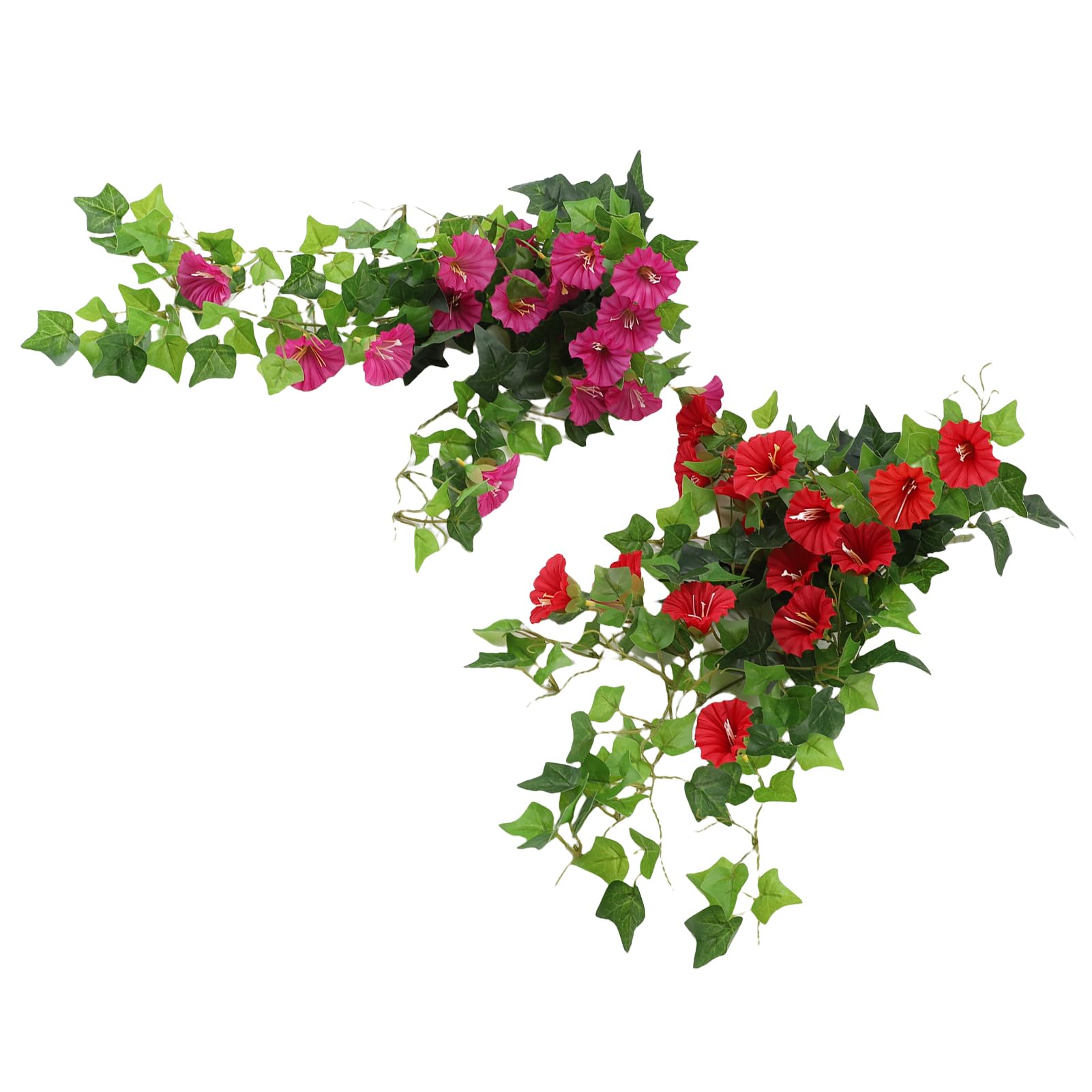 LiebeWH Sztuczne Winorośle, Tkaniny i Plastiki Wisząca Girlanda z Kwiatów Morning Glory, 2 szt. 19,69 Cala Sztuczne Zielone Rośliny na Płot ścienny Bankiet Weselny Patio Wystrój Balkonu (Fioletowy +