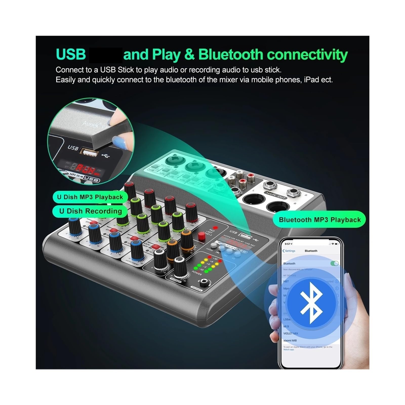 Kontroler DJ-ski, Profesjonalny Mikser, Konsola Miksująca Soundboard Z 5-kanałowym Cyfrowym Efektem Opóźnienia Echa USB Bluetooth, Wejście Stereo 48 V