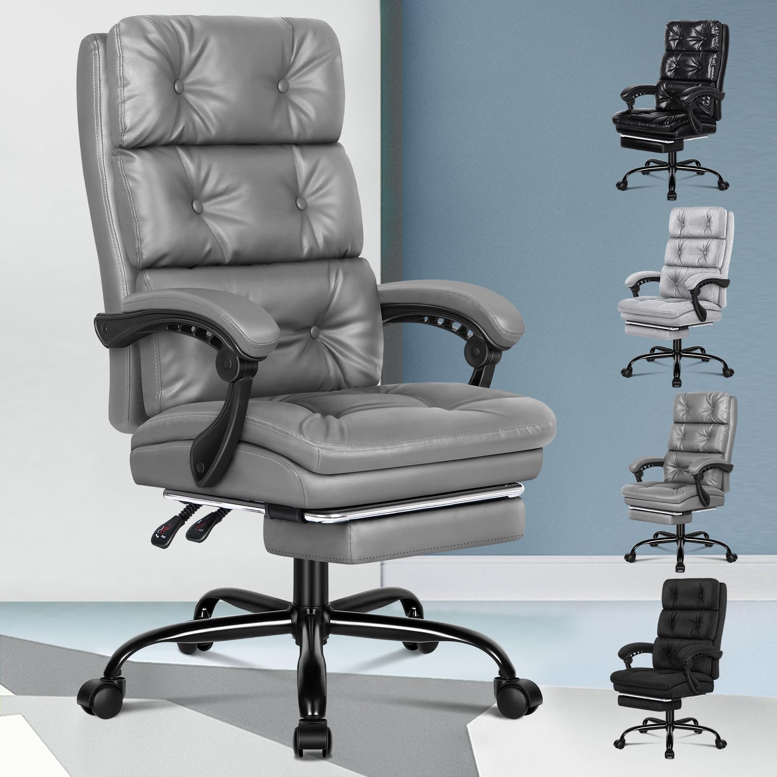 ELFORDSONOffice Chair with Dual-layer Cushion, Computer Desk Chair with Footrest Armrests, High Backrest 150° Recliner Tilting 360° Swivel, PU Leather, Grey