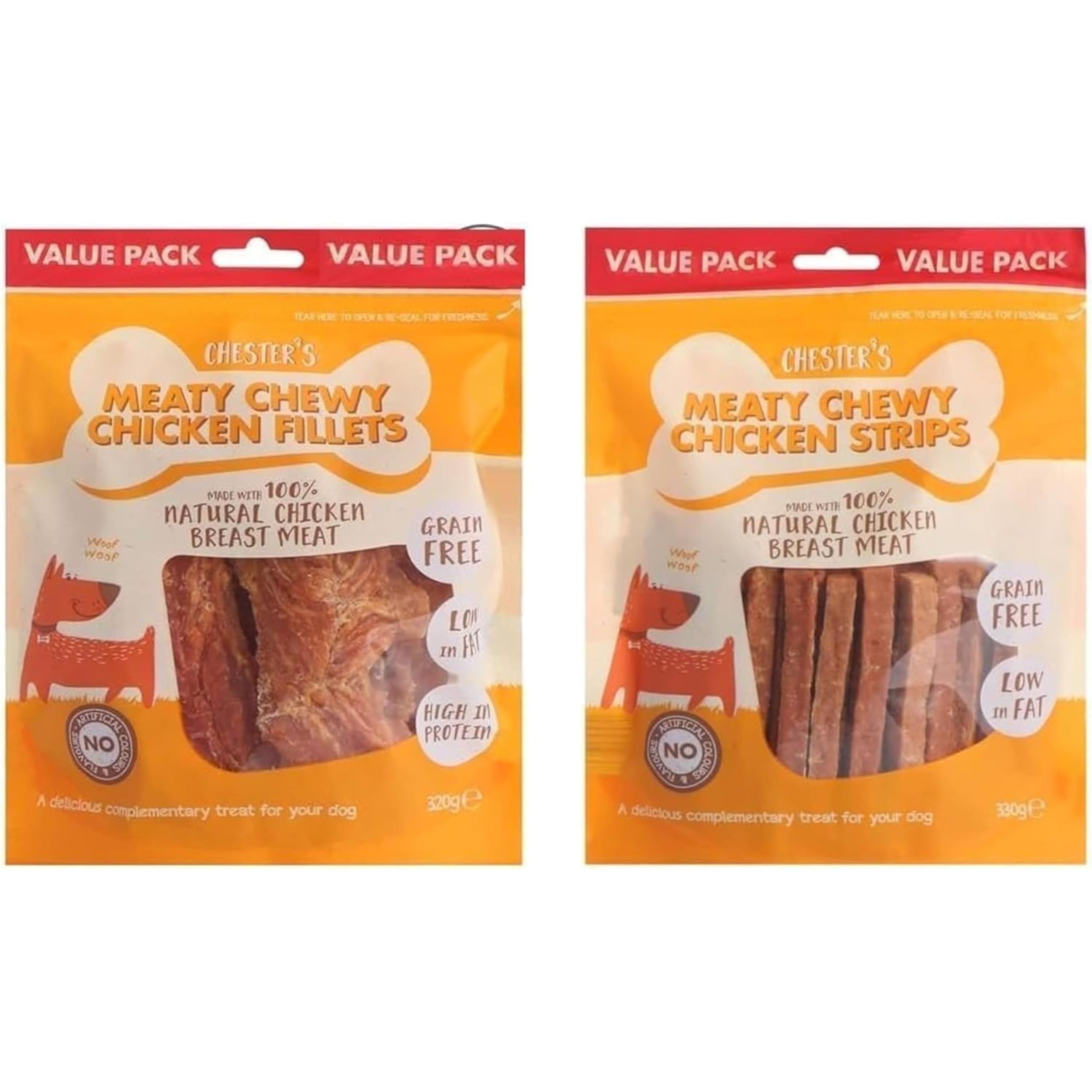Chester's Meaty Chewy Chicken Chewy Dog Treats – 100% Natural Chicken Breast | Grain-Free, Low Fat, High Protein Snack for Puppies & Adult Dogs Pack of 2 Chicken Fillets 320 – Chicken strips 330g
