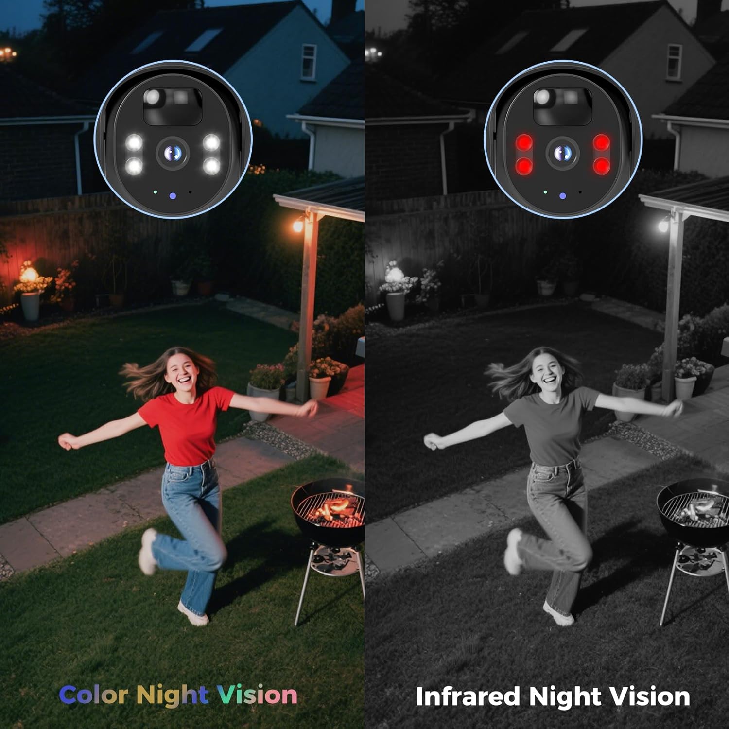 Comparison image showing color night vision with spotlights on and infrared night vision in monochrome