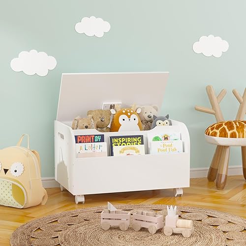 GDFStudio Caja de juguetes grande con 4 ruedas universales, organizador de juguetes para niños con estantería delantera, tapa abatible, bisagra de