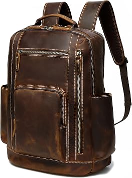 LANNSYNE Mens Vintage Full Grain Leather Backpack for 16" Laptop Travel Hiking Camping Rucksack