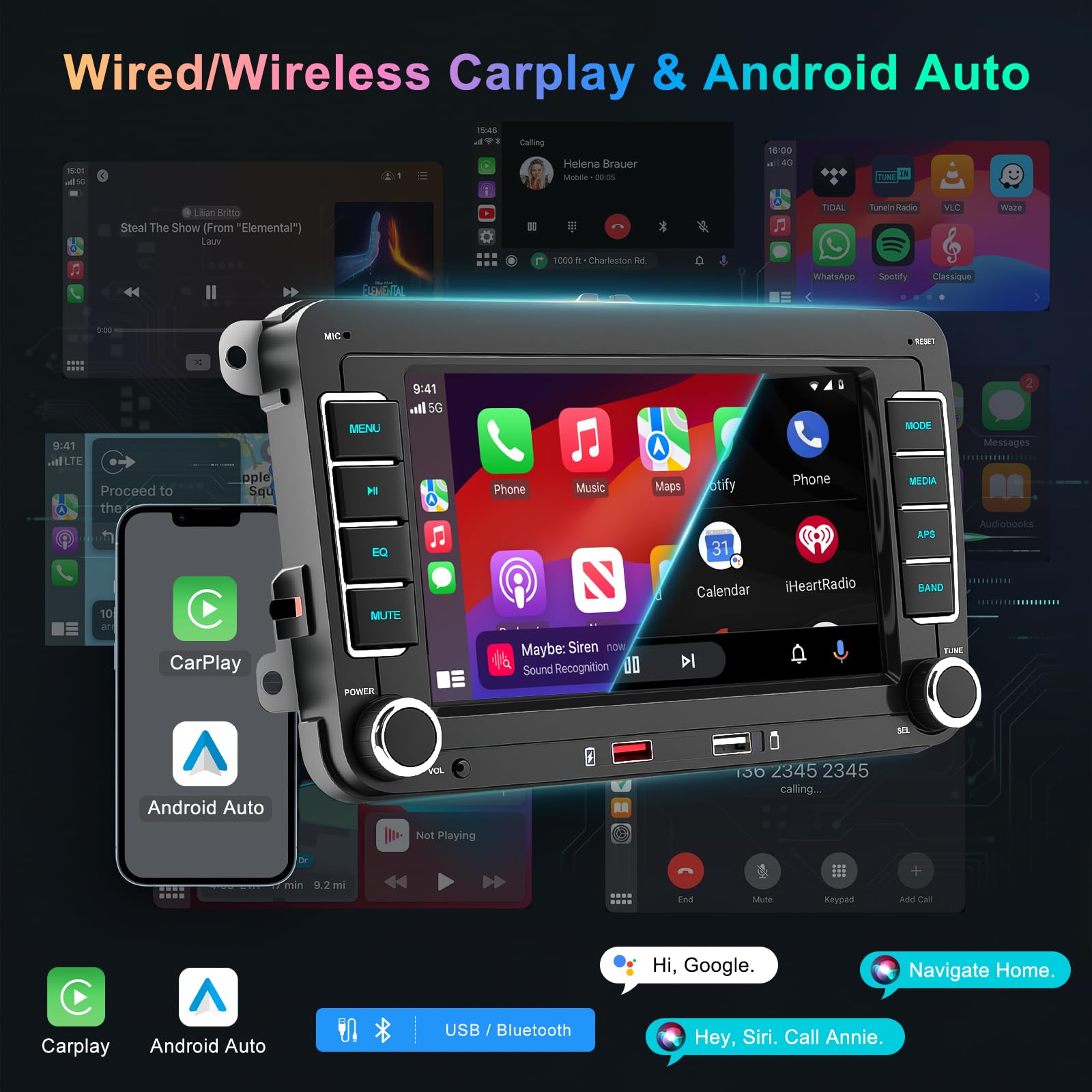 Autoradio pour VW Golf Passat Polo Caddy Tiguan Touran Seat, Radio Voiture 7" Écran Tactile HD avec CarPlay et Android Auto sans Fil, Bluetooth, Mirror Link, FM/AM RDS, Canbus, SWC