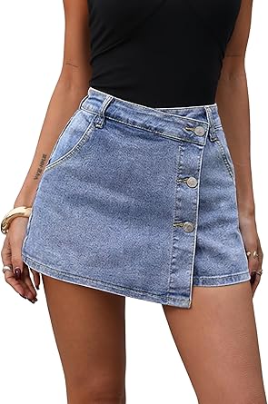 Denim Mini Skorts Button Front High Waisted Stretch Asymmetrical Jean Skirt with Shorts - 4 shades