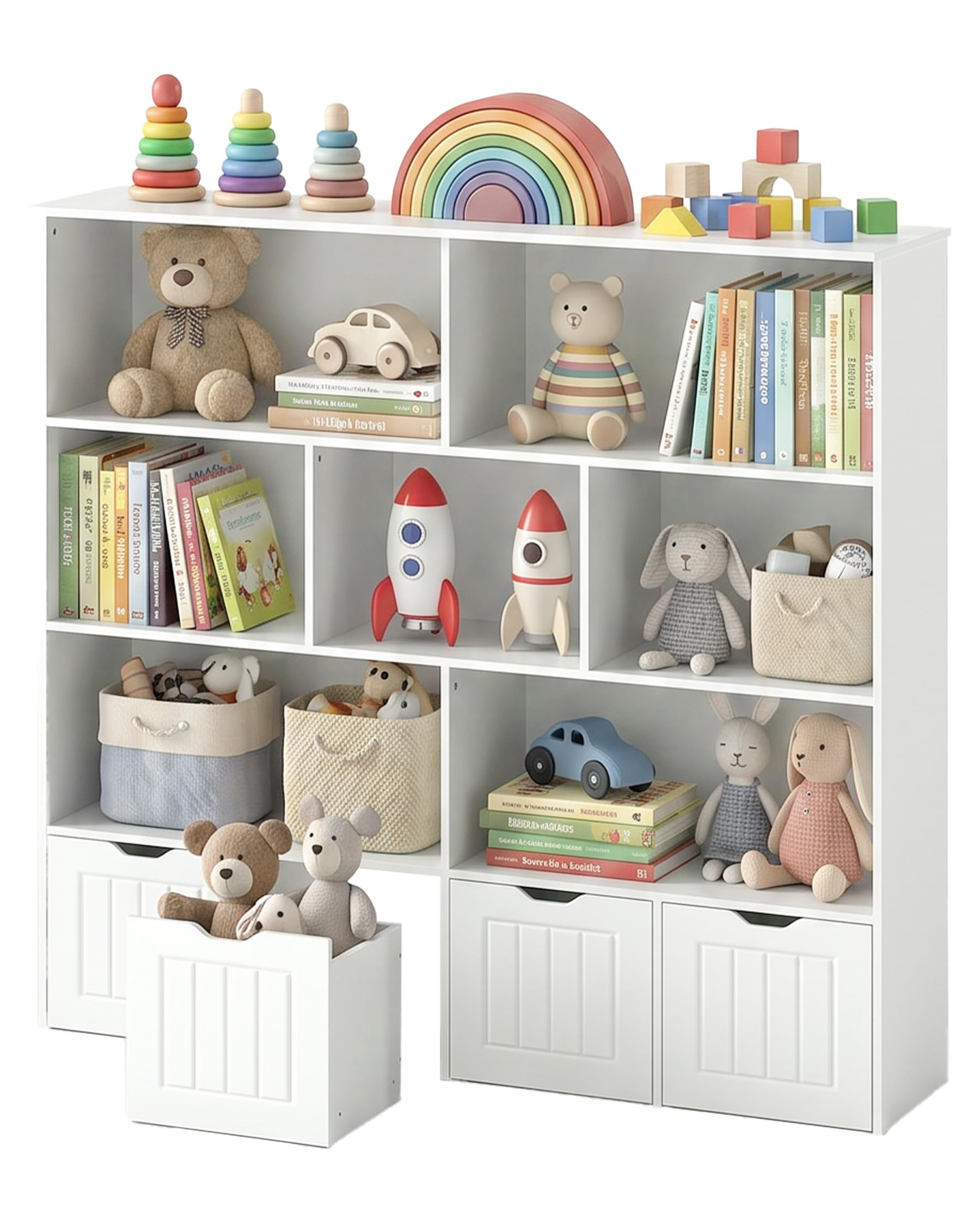 Estanteria Libros Infantil, Libreria Infantil, Almacenaje Juguetes con 4 cajones móviles, Organizador Juguetes con 7 Compartimentos Abiertos (125.5x33x118 cm)