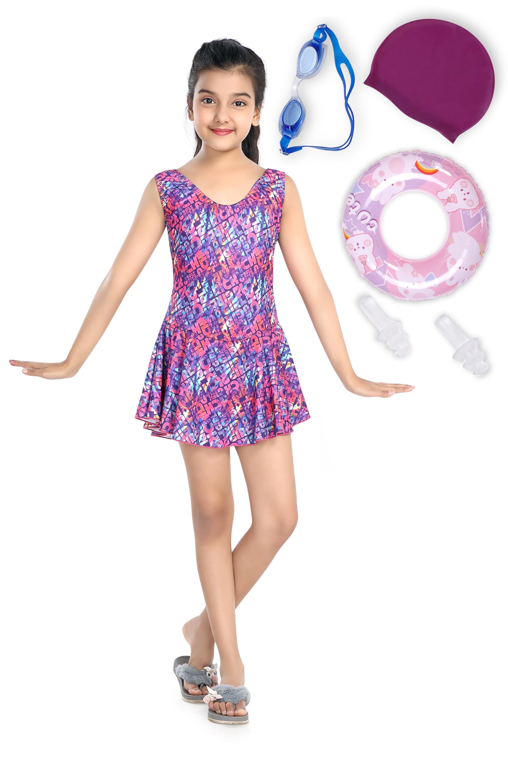 ROVARS Girls Swimming Kit with 1 Swimming Costume, 1 Swimming Goggles, 1 Silicone Swimming Cap & 1 Pair Ear Plugs & 1 Swimming Ring (Pink, 2-3 Years) - Wood (B0CVL9FXKH) Amazon Price History, Amazon Price Tracker
