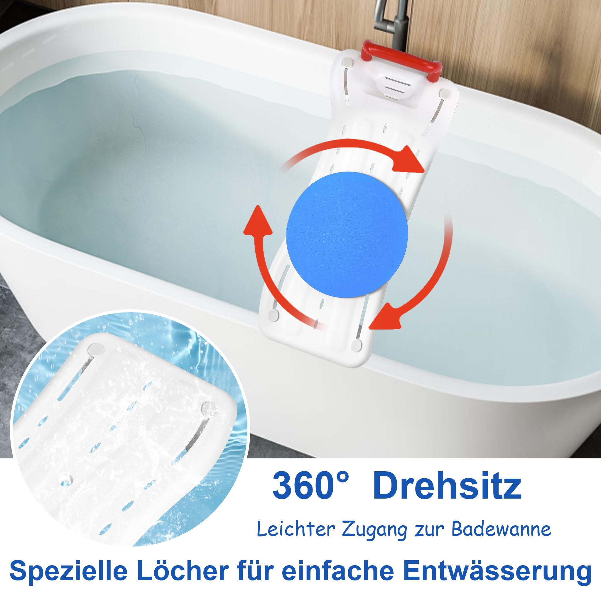 75,5x34cm Badewannenbrett mit Drehscheibe Badewannensitz für Senioren Einstellbar 41-63cm Wannensitz Sitzbrett Wannenbrett für Badewanne Duschbrett Stuhl für Badezimmer -Rot Griff