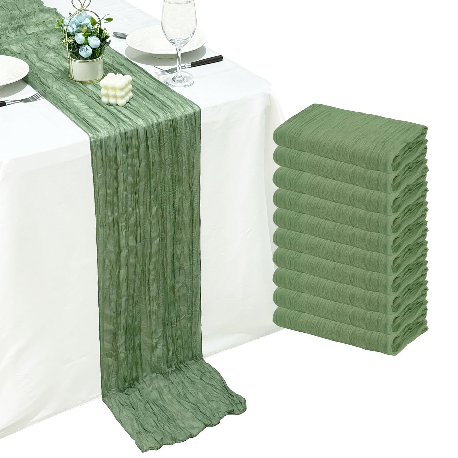 Photo 1 of 10Pack Sage Green Cheesecloth Table Runner Sheer Gauze Cheese Cloth Table Runners, Sage Green Table Runner for Wedding Party Baby Shower Home Decor